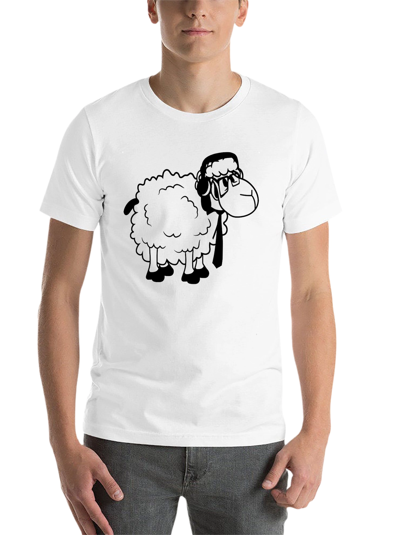 Black Cartoon Sheep Graphic Tee - Black Cotton T-Shirt view 14