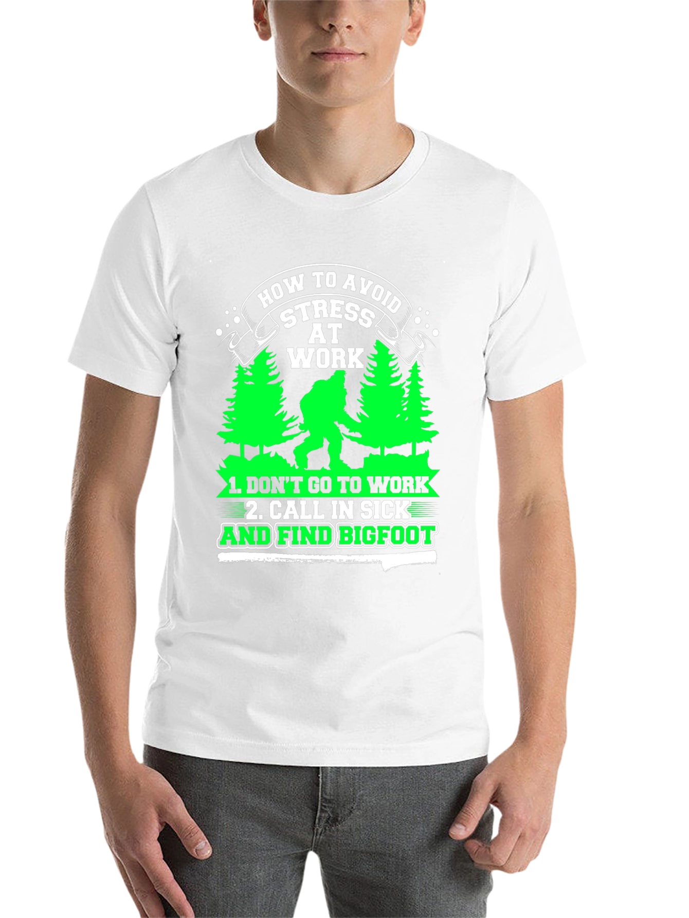 Black Avoid Stress at Work Bigfoot Graphic Tee view 14