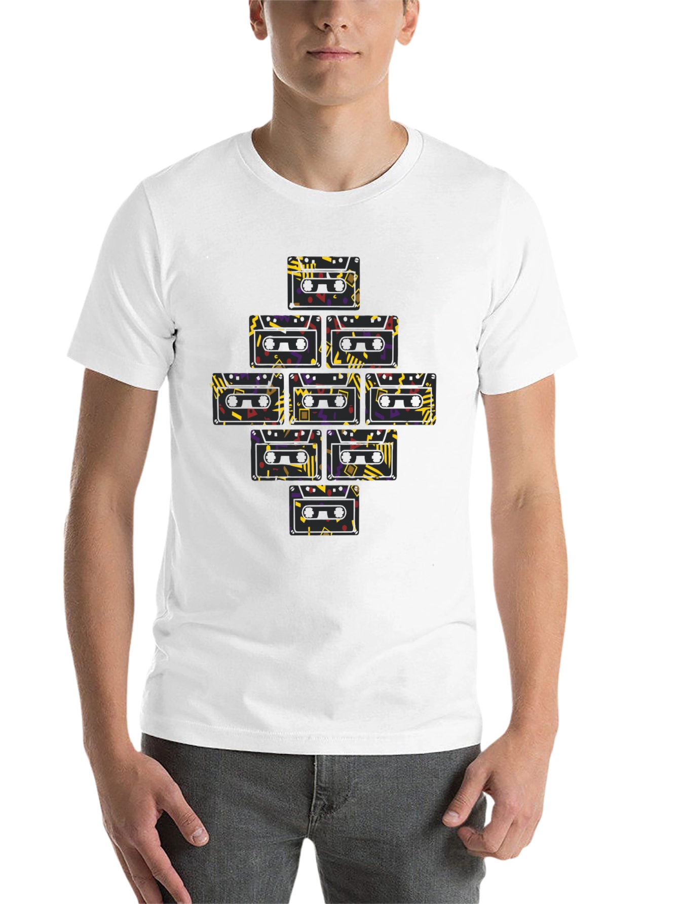 Black Retro Cassette Tape Pattern T-Shirt view 14