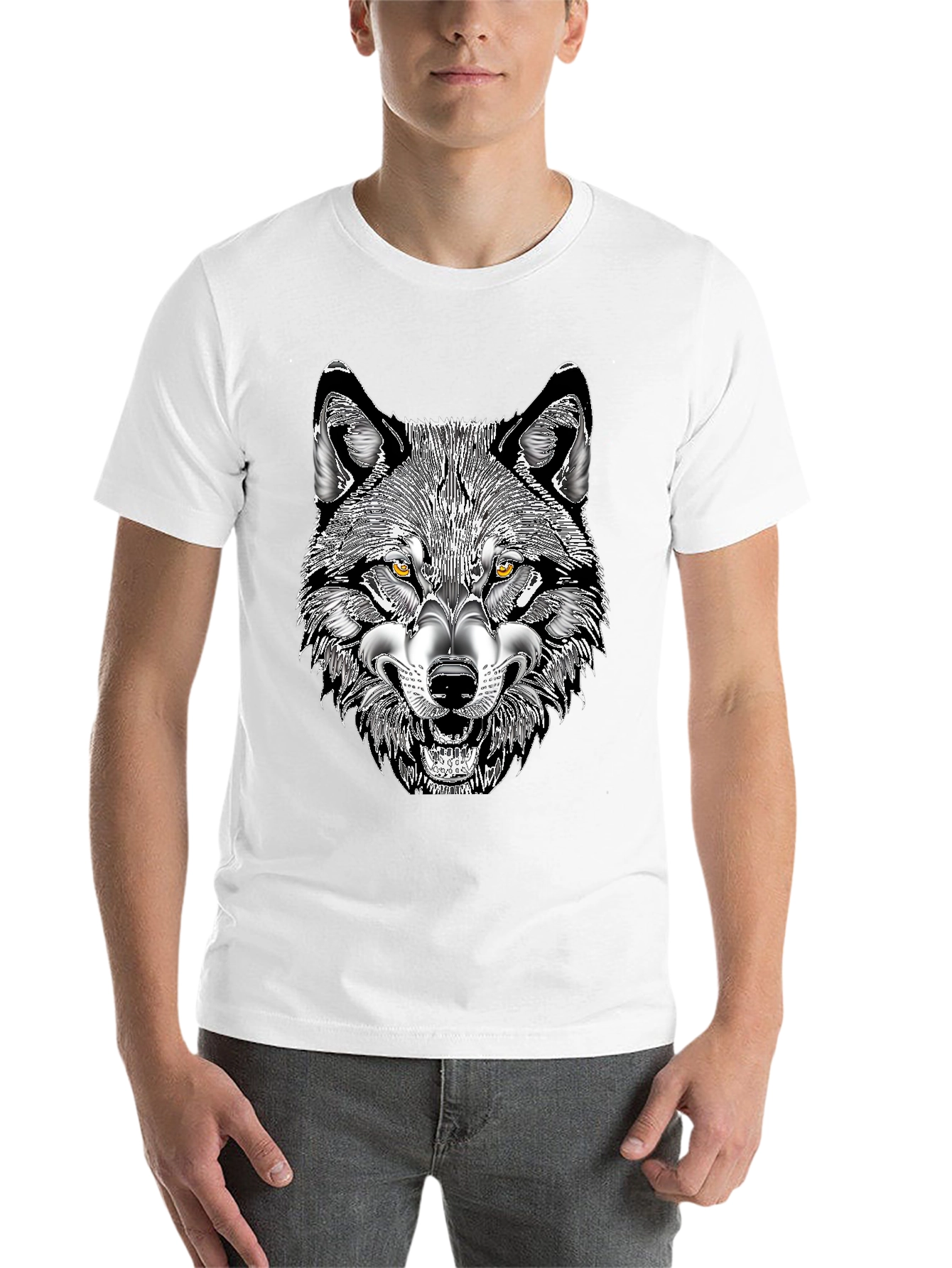 Black Men's Black T-Shirt with Wolf Graphic Print view 14