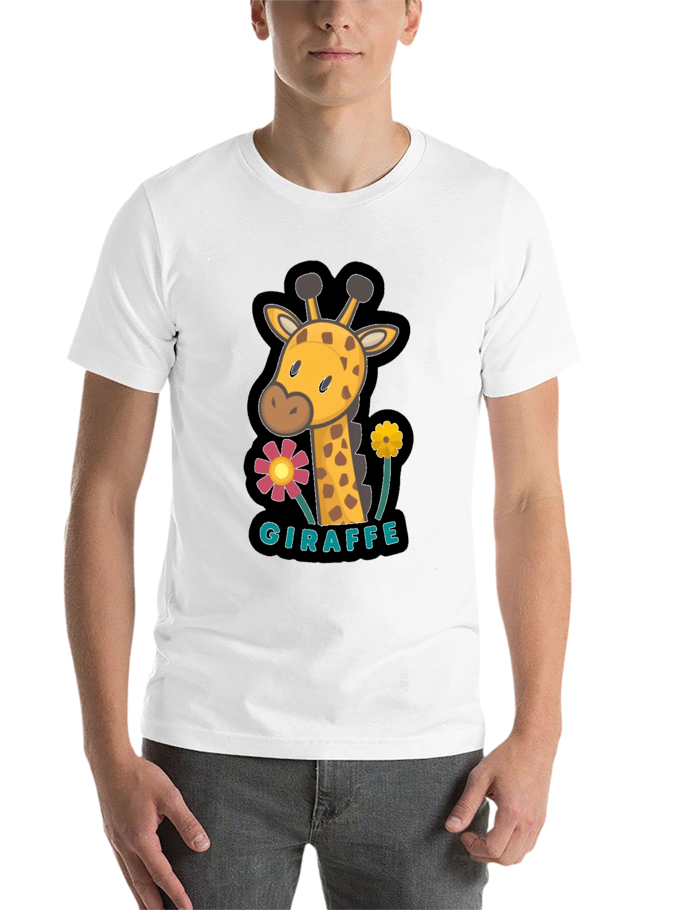 Black Cute Giraffe Flower Graphic Black T-Shirt view 14