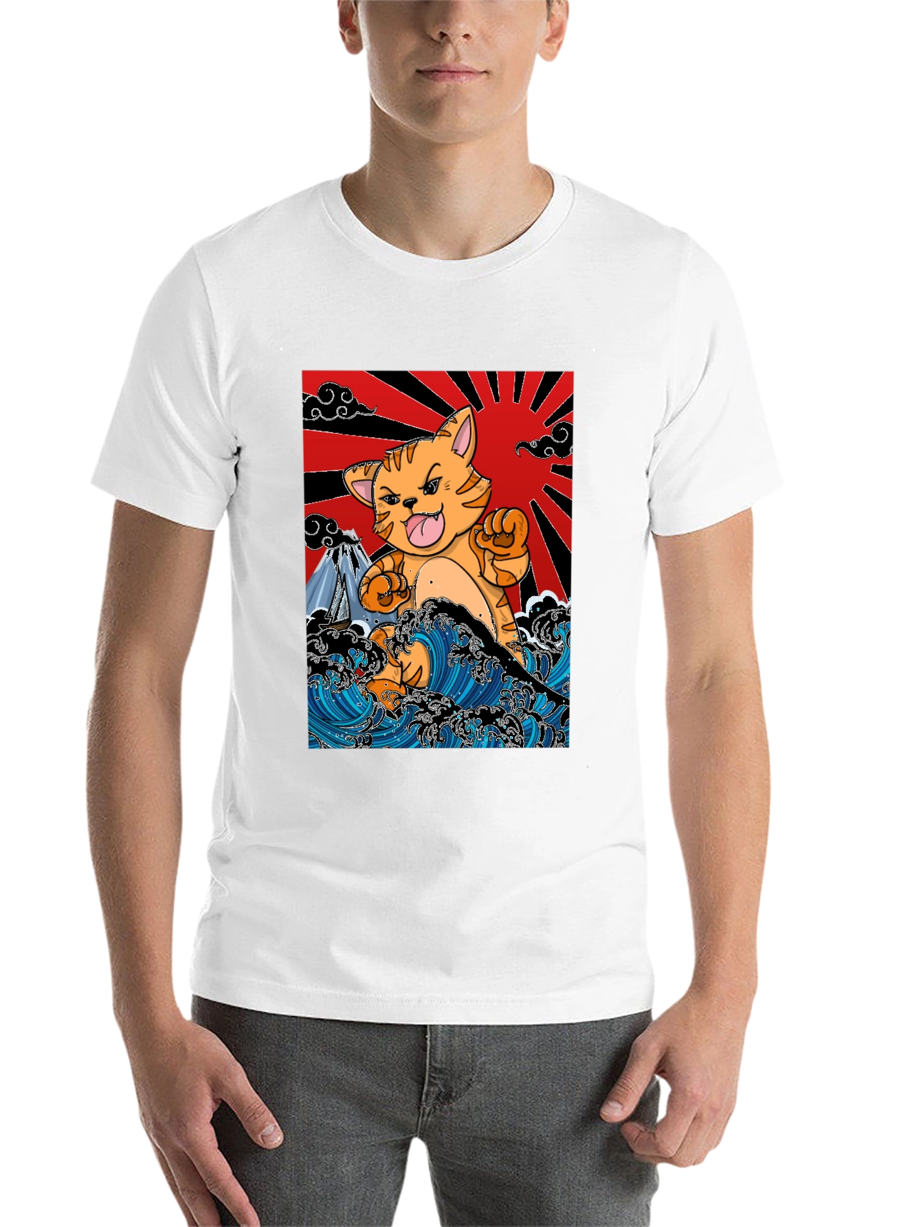 Black Japanese Cat Wave T-Shirt - Fun Graphic Tee view 14