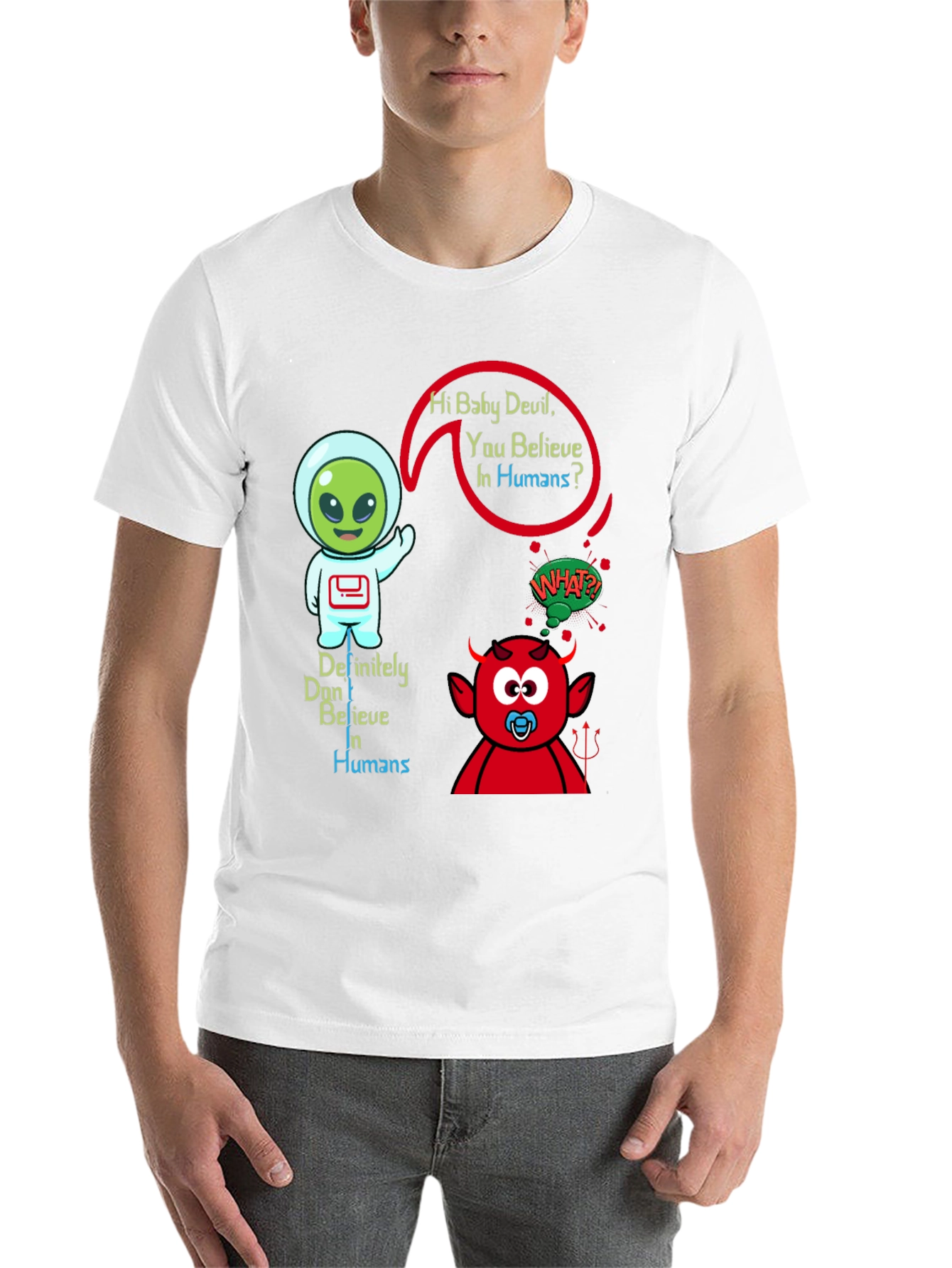 Black Alien & Baby Devil Graphic T-Shirt - Believe in Humans? view 14