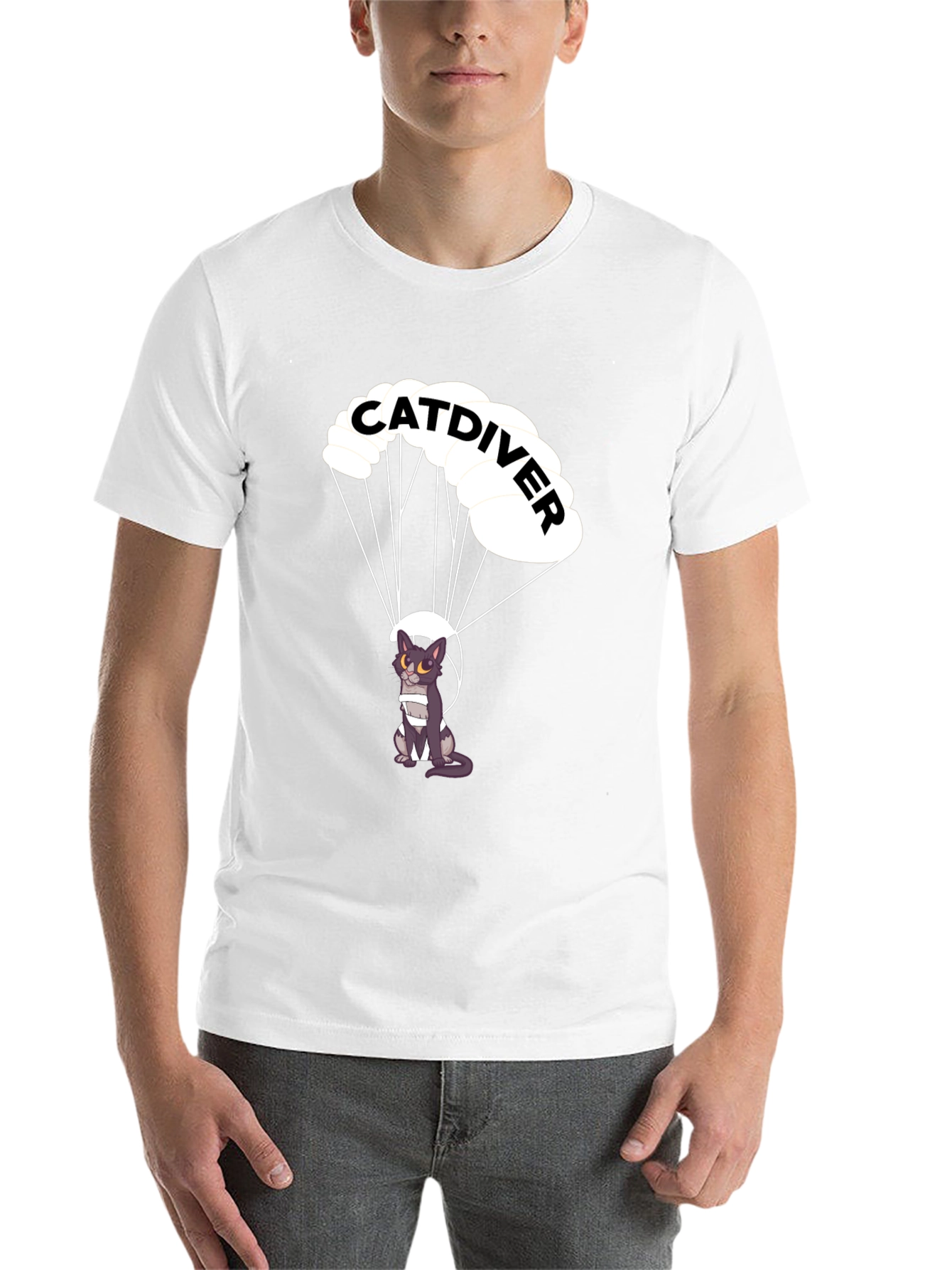 Black Catdiver T-Shirt - Parachuting Cat Graphic Tee view 14