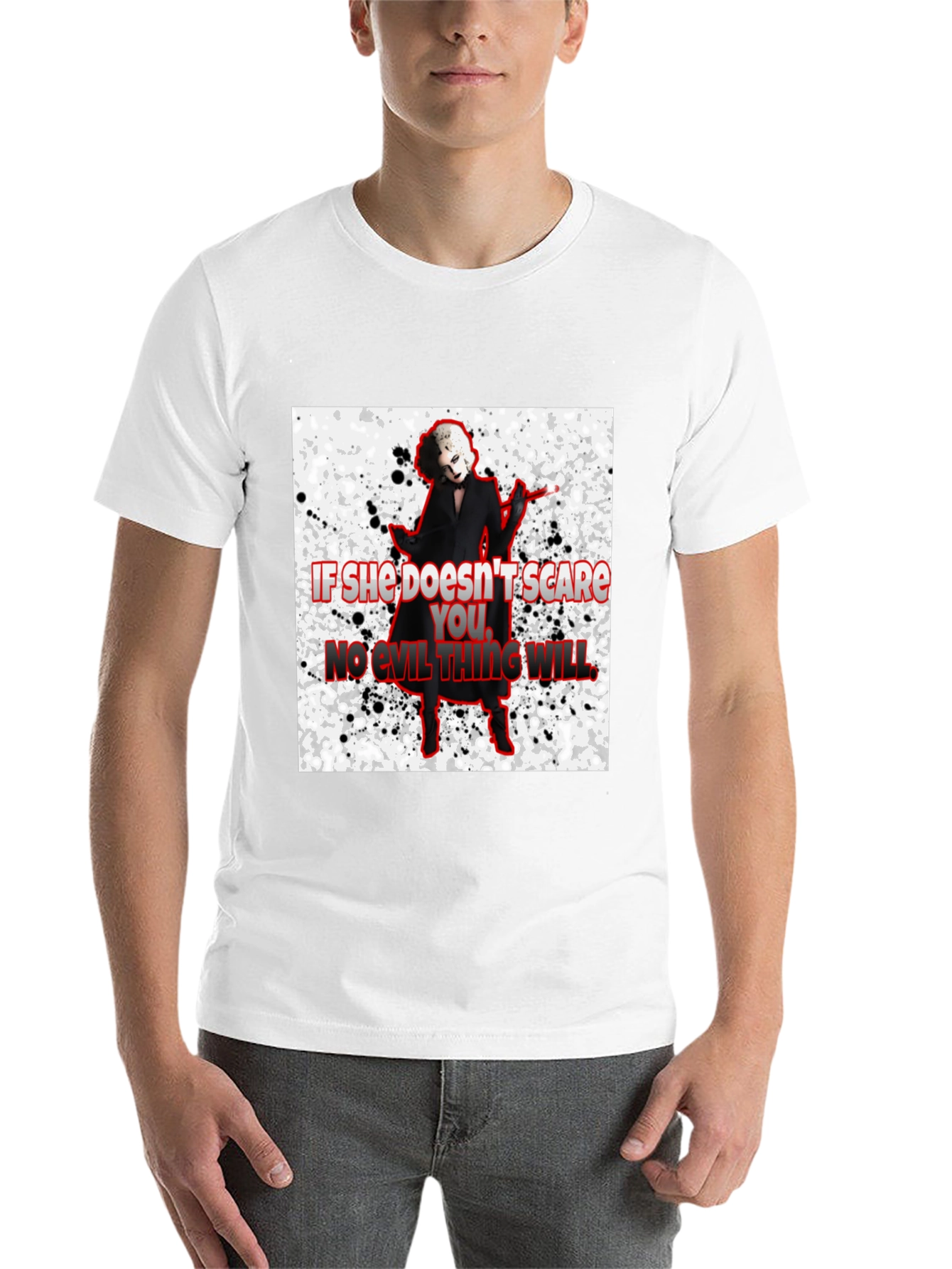 Black Horror Movie Villain T-Shirt - "If She Doesn't Scare You..." view 14