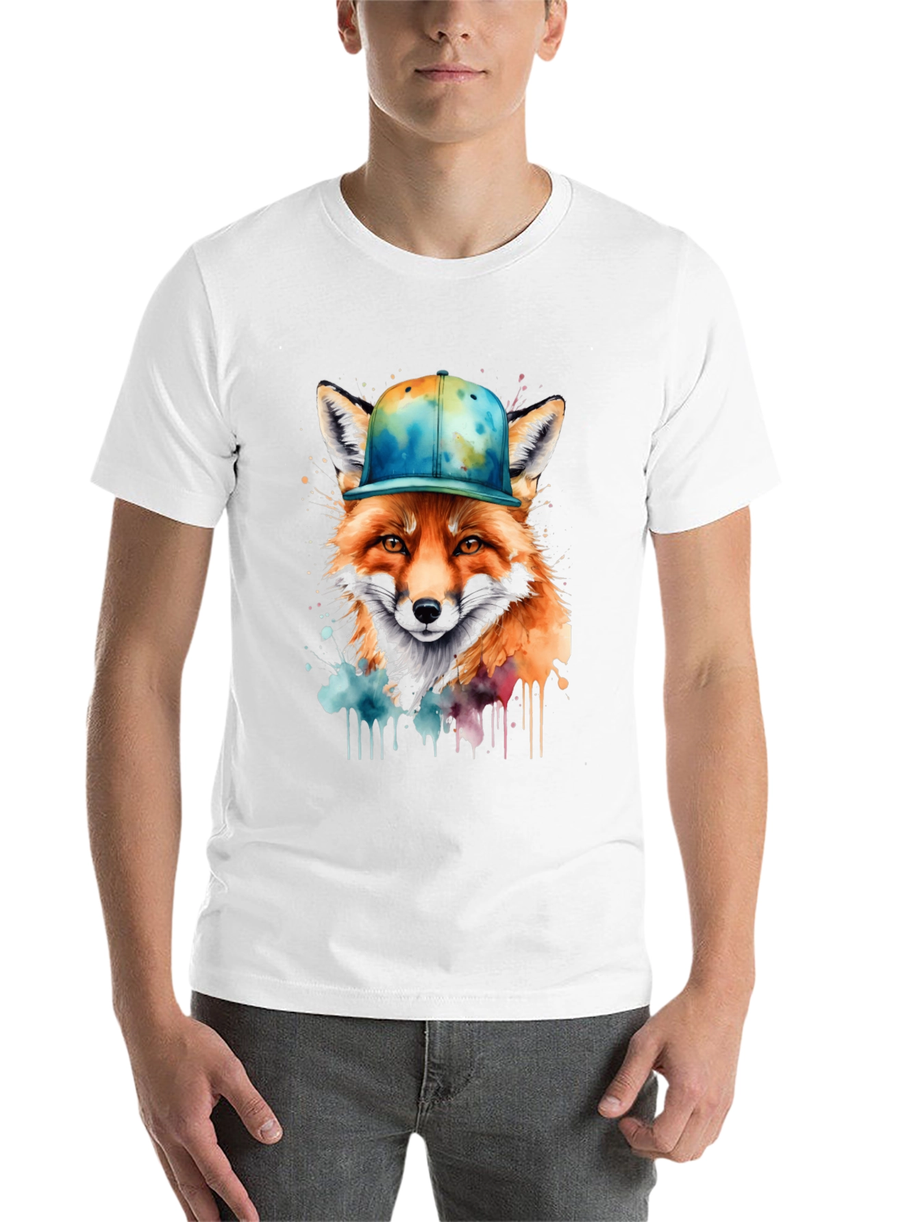 Black Fox in Cap Graphic Tee - Cool Watercolor Design view 14