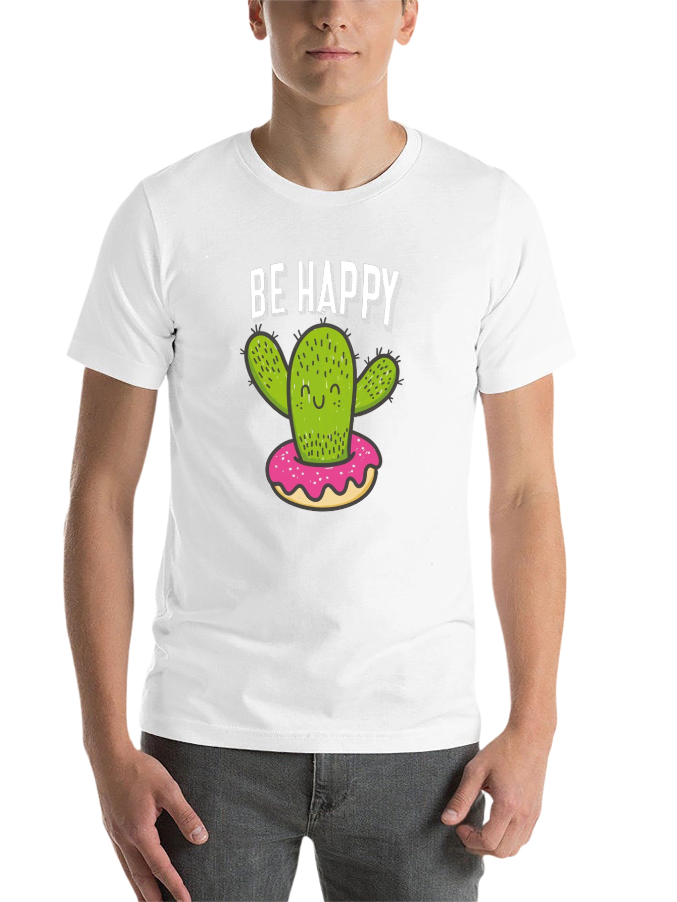 Black Be Happy Cactus Donut Graphic T-Shirt view 14