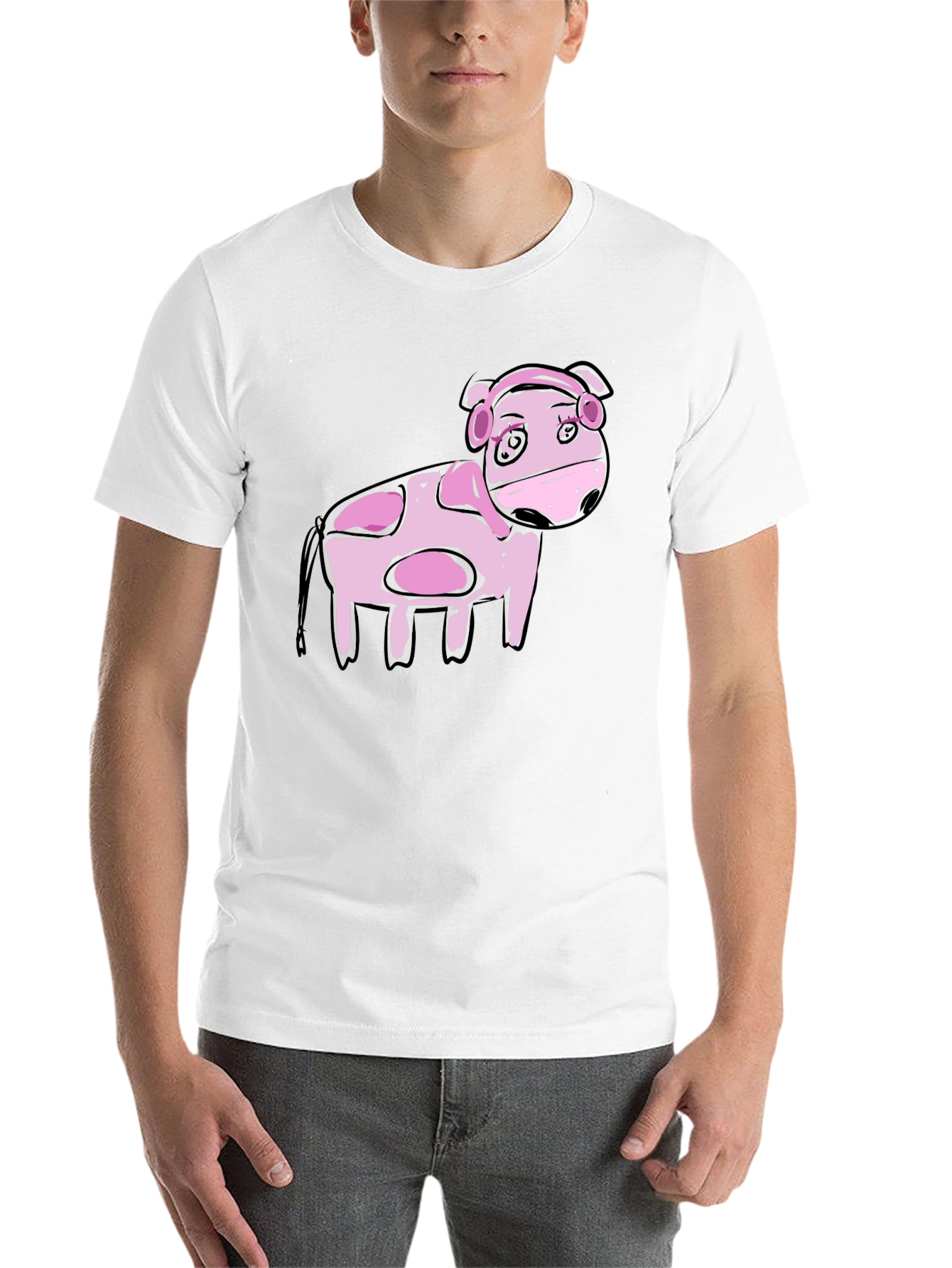 Black Cartoon Pink Cow Black T-Shirt view 14