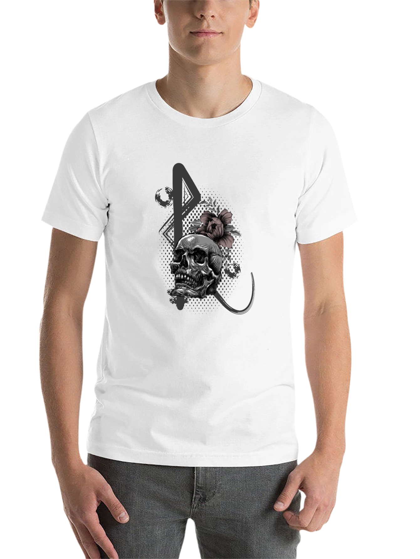 Black Skull and Flower Graphic Print Black T-Shirt view 14