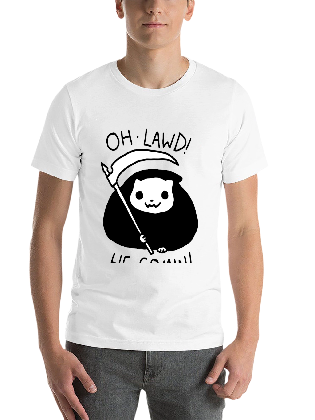 Black Grim Reaper Cat T-Shirt - Oh Lawd He Comin' Tee view 14