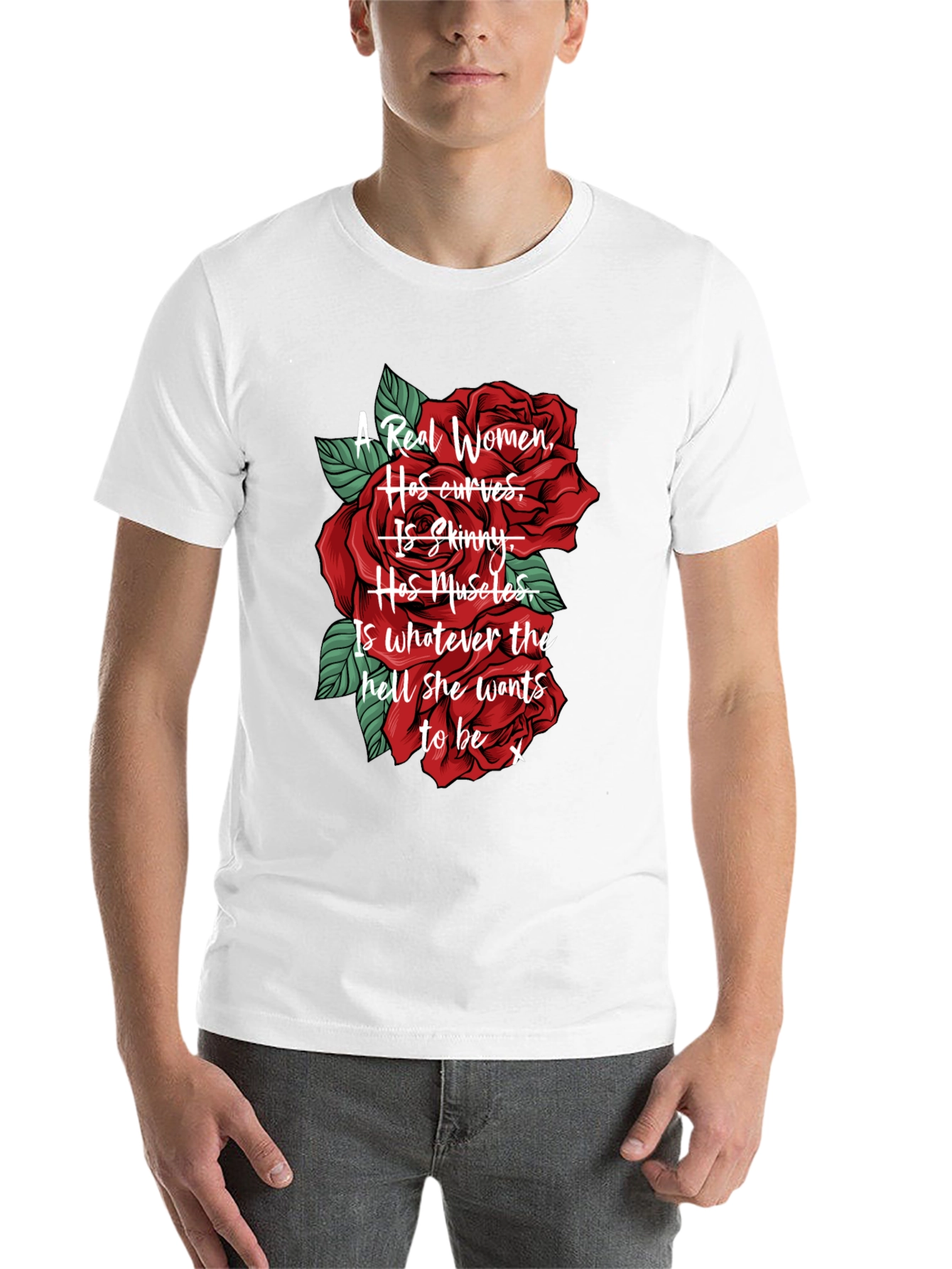 Black A Real Women T-Shirt - Red Roses Design view 14