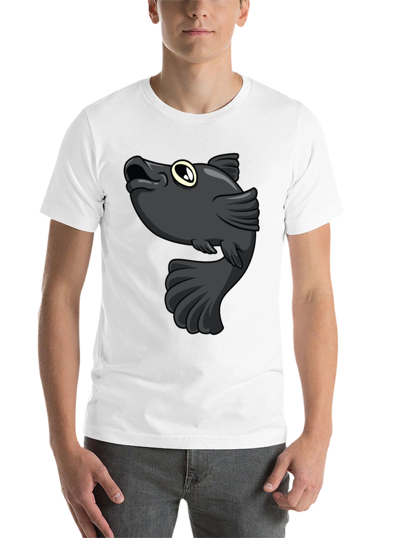Cartoon Fish Graphic Print Black T-Shirt - 14