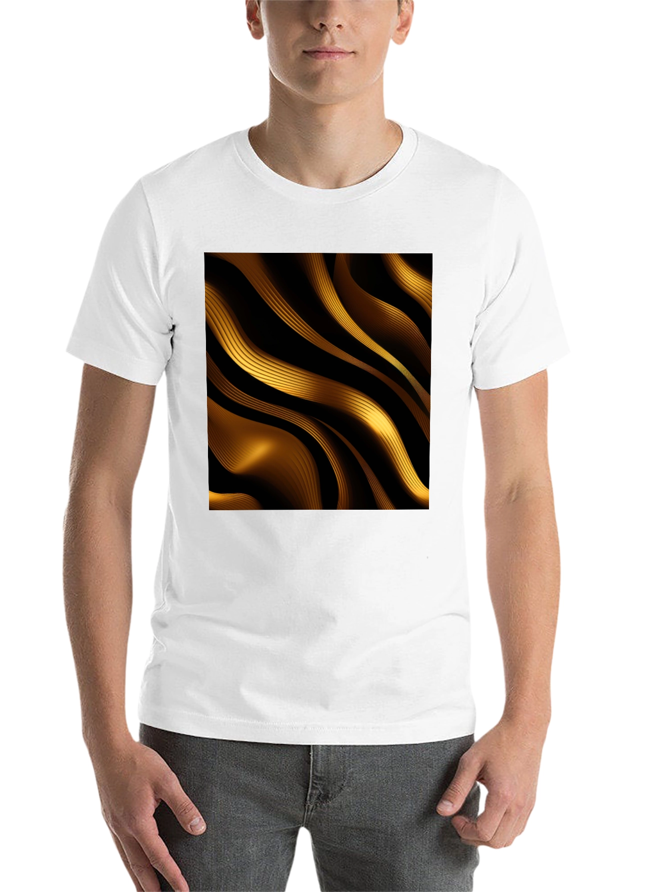 Black Golden Abstract Wave Print Black T-Shirt view 14