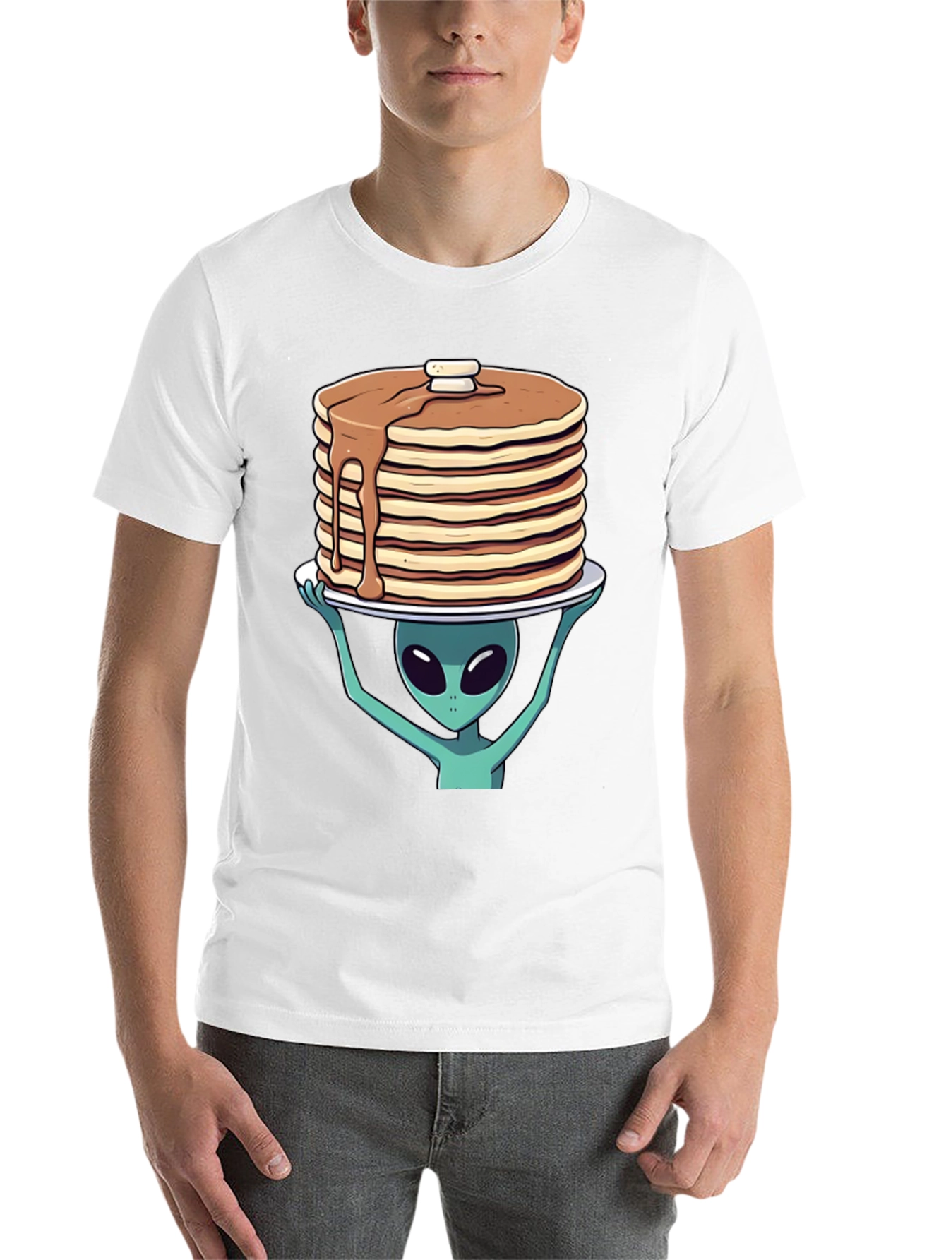 Black Alien Pancakes T-Shirt - Space Foodie Tee view 14