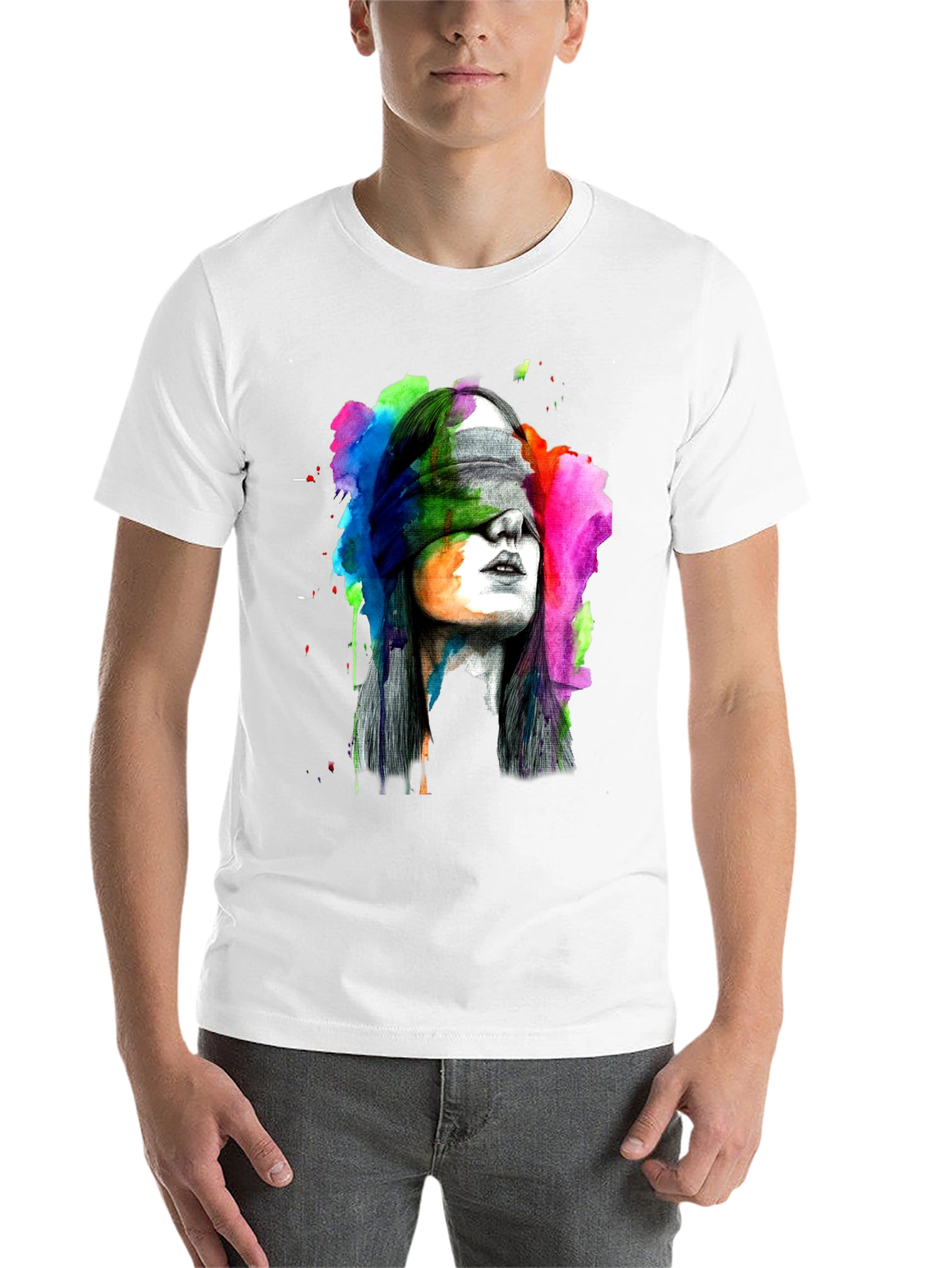 Black Blindfolded Woman Graphic Tee - Artistic Black T-Shirt view 14