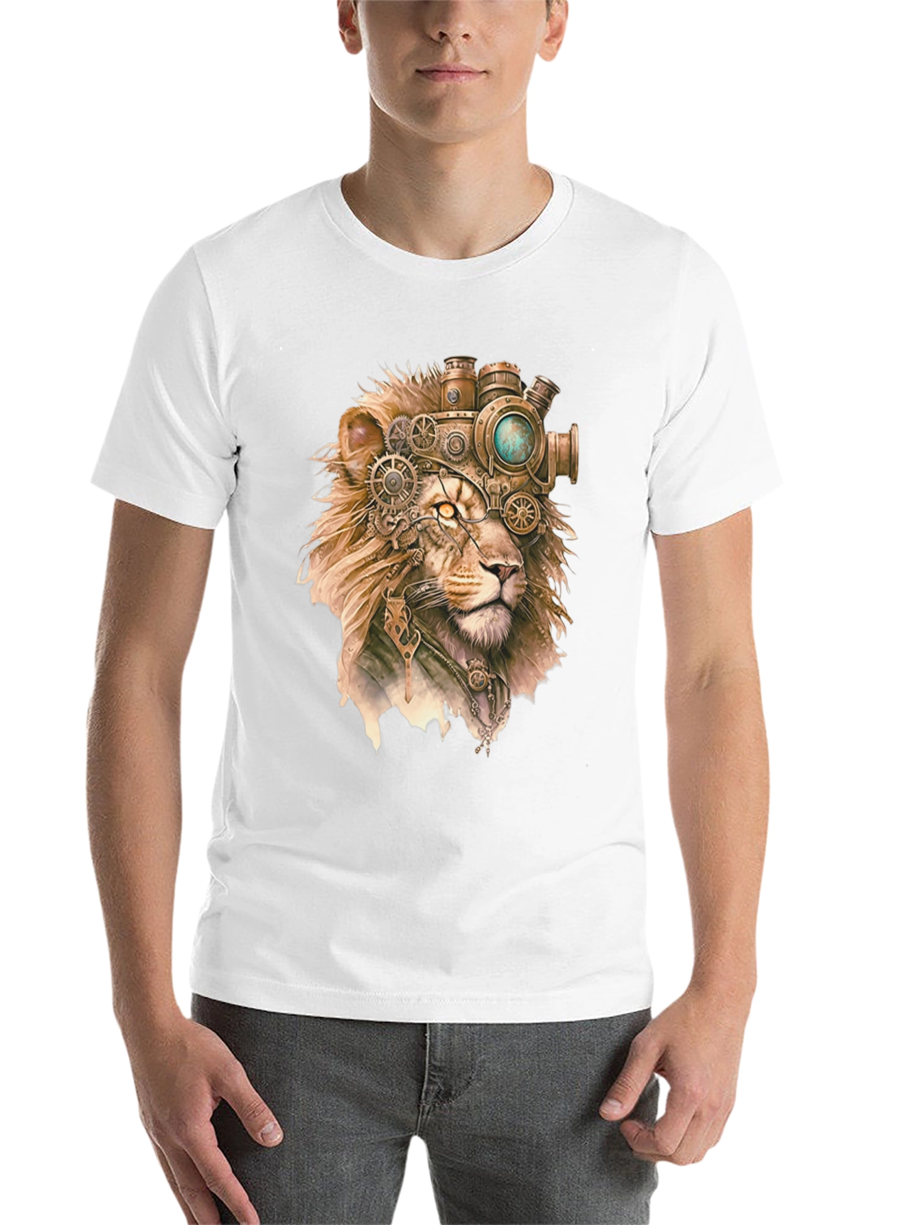 Black Steampunk Lion Graphic Print Black T-Shirt view 14