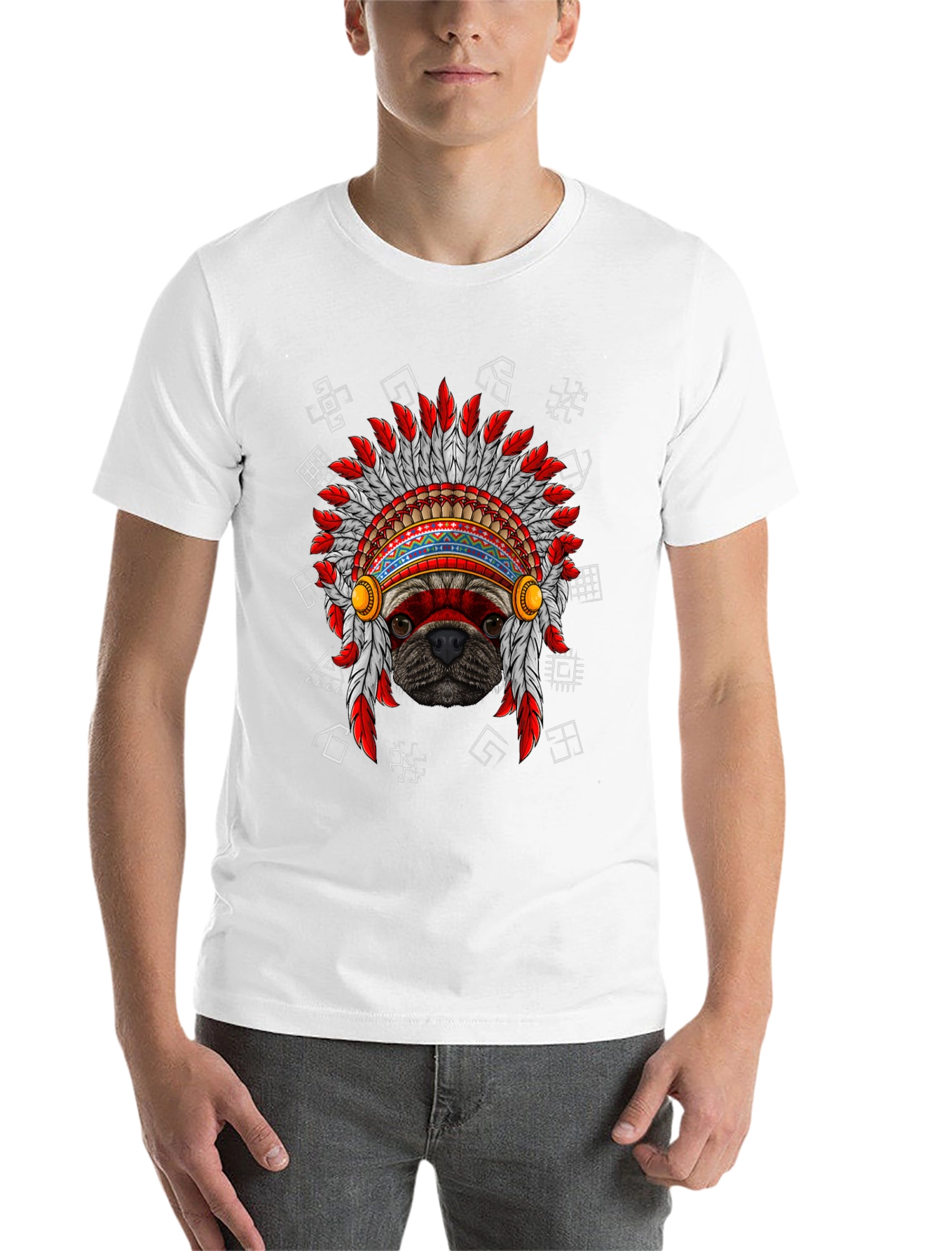 Black Pug Indian Chief Headdress Graphic T-Shirt view 14