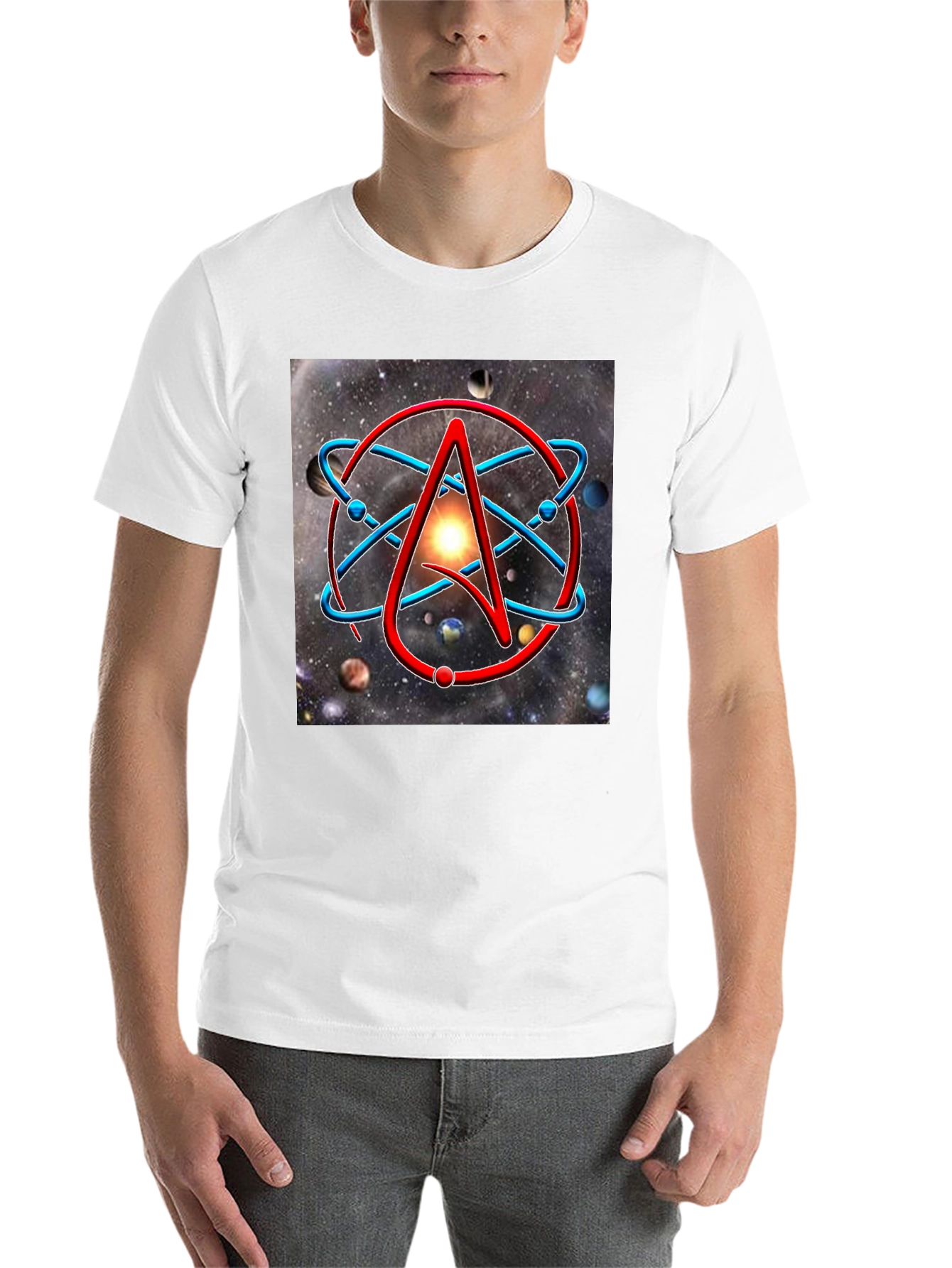 Black Atheist Symbol Graphic Tee - Space Background view 14
