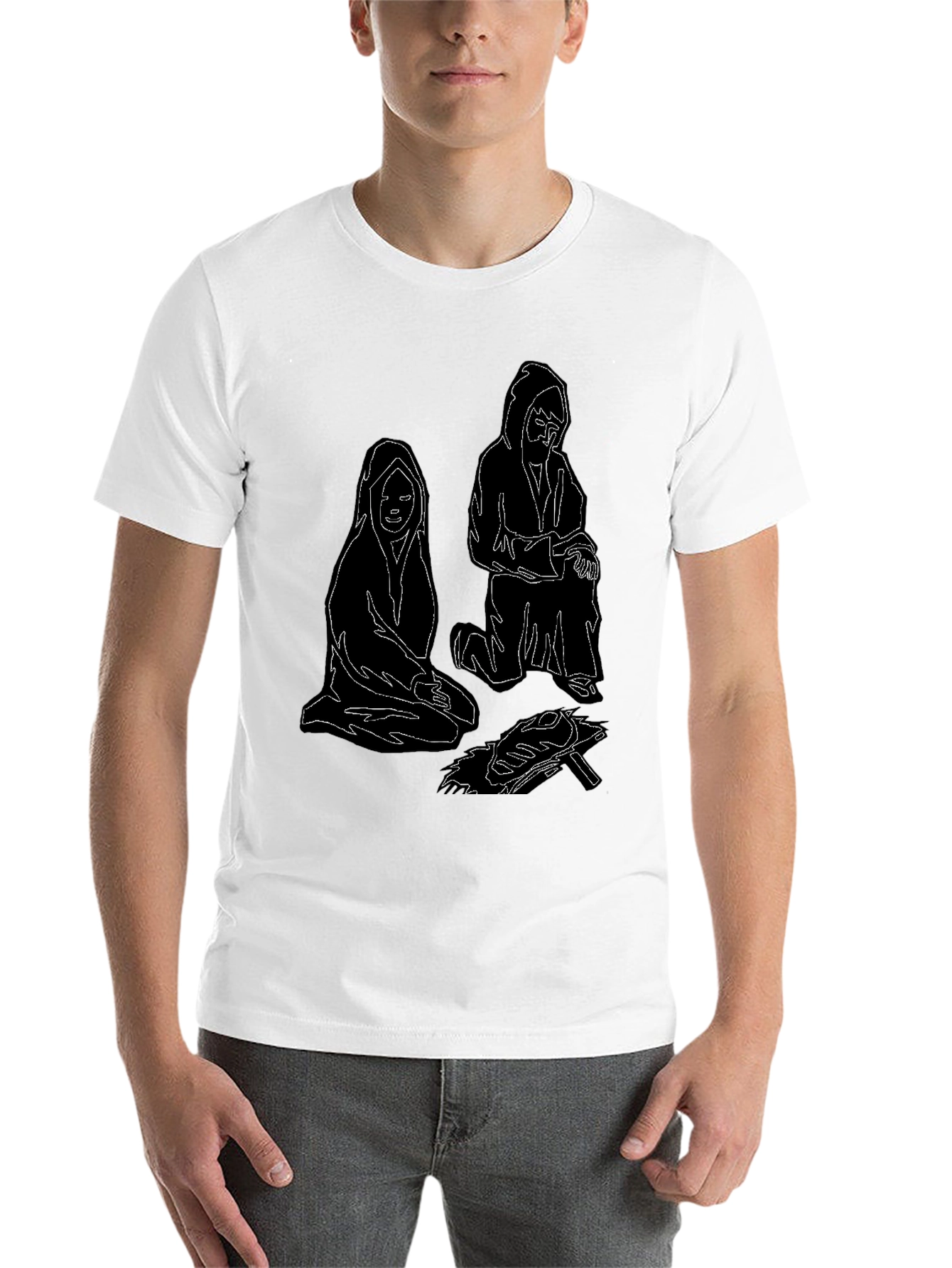 Black Unique Black T-Shirt with Illustrated Figures by Fire view 14