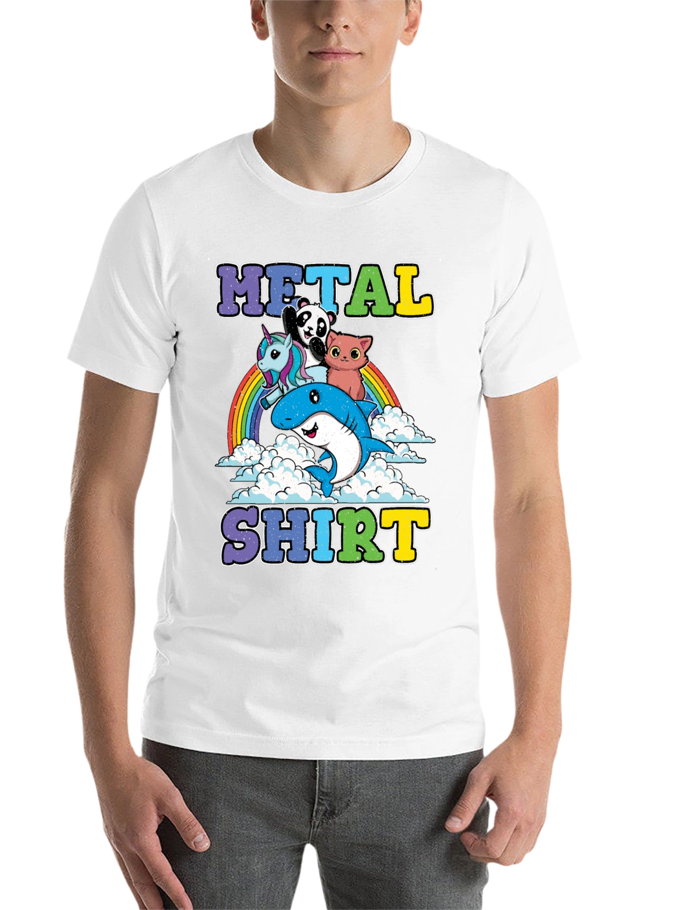 Black Metal Shirt with Cartoon Animals on Rainbow view 14