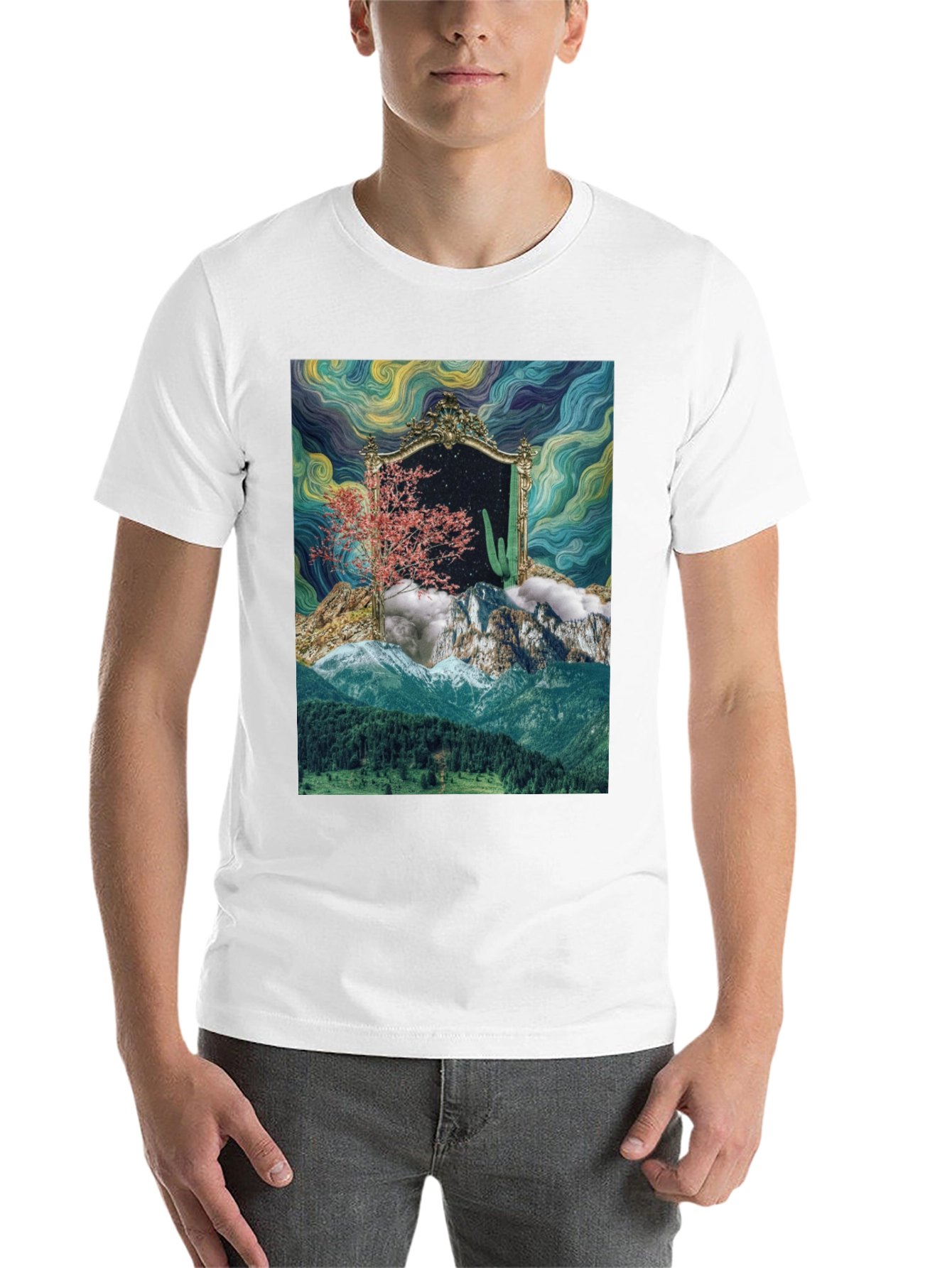 Black Surreal Landscape Mirror Graphic T-Shirt view 14