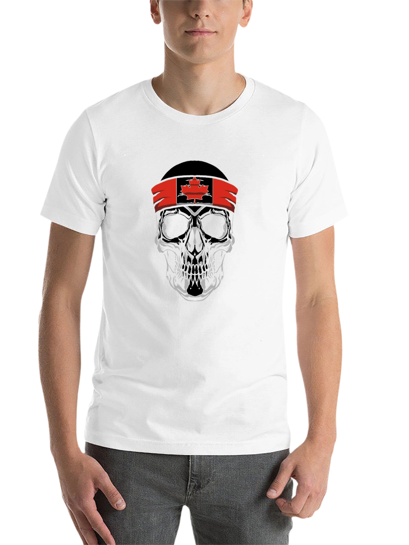 Black Skull with Canadian Flag Headband Graphic T-Shirt view 14