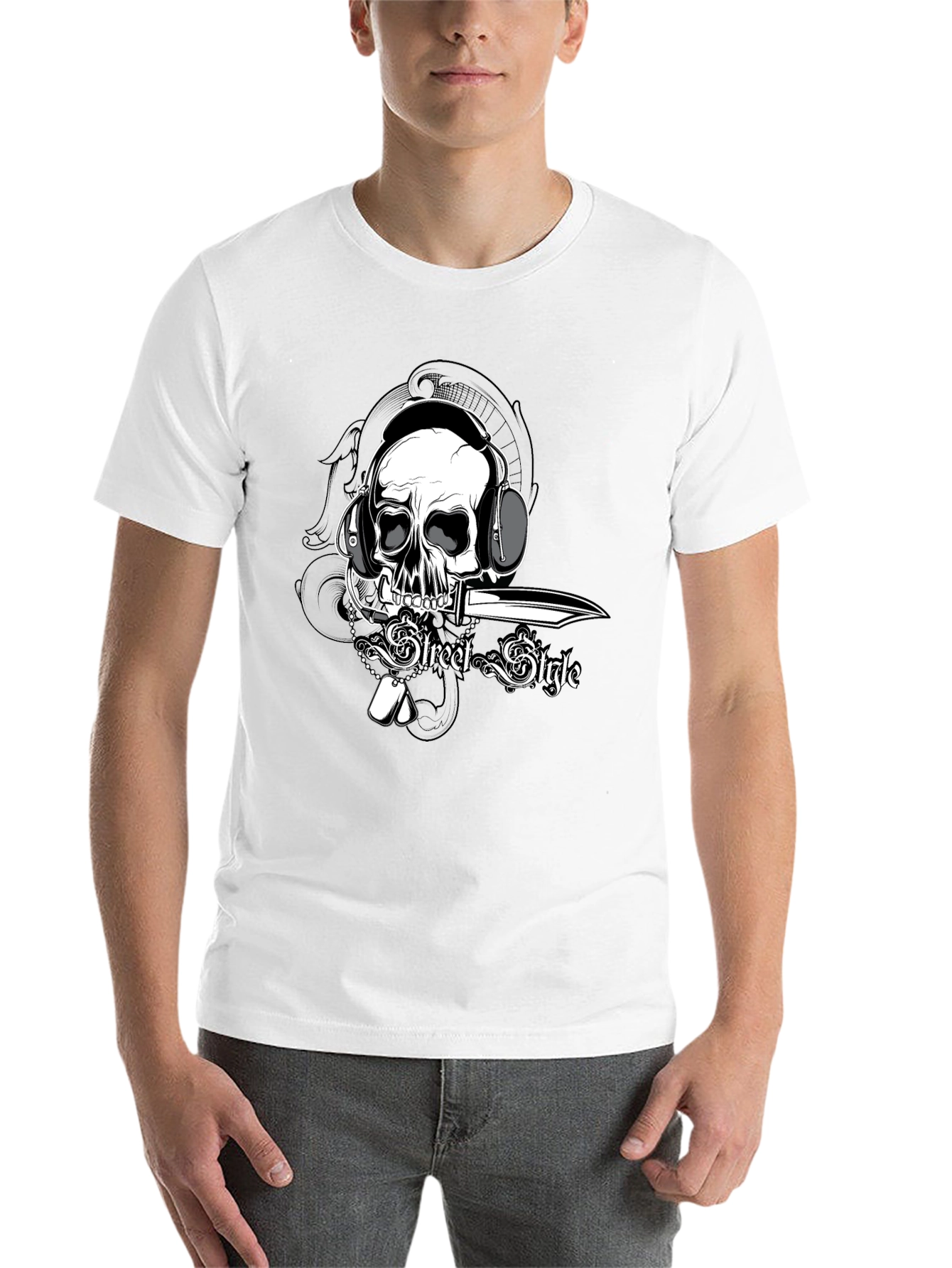 Black Skull with Headphones Graphic Tee view 14