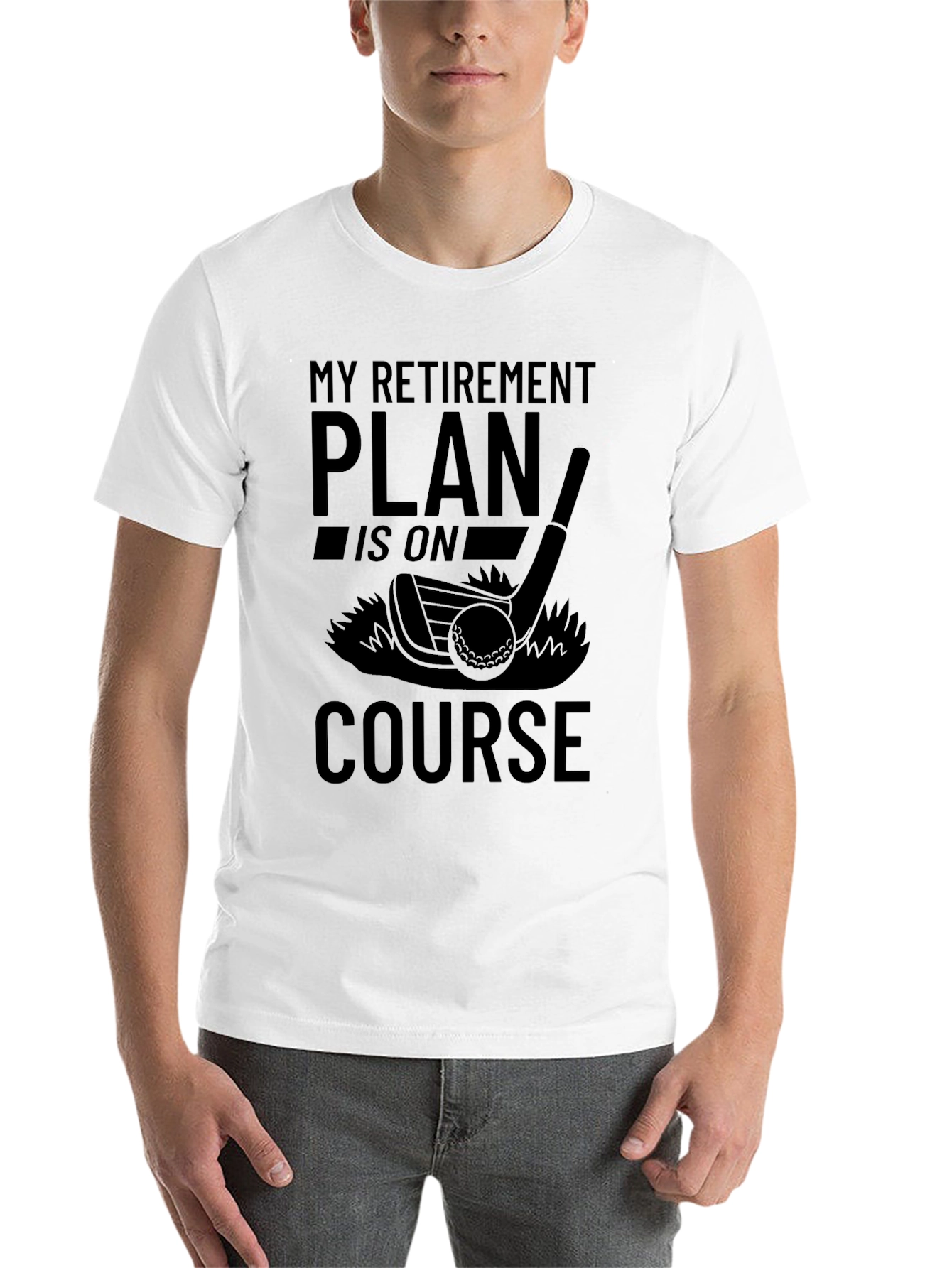 Black Retirement Plan Golf T-Shirt - On Course view 14