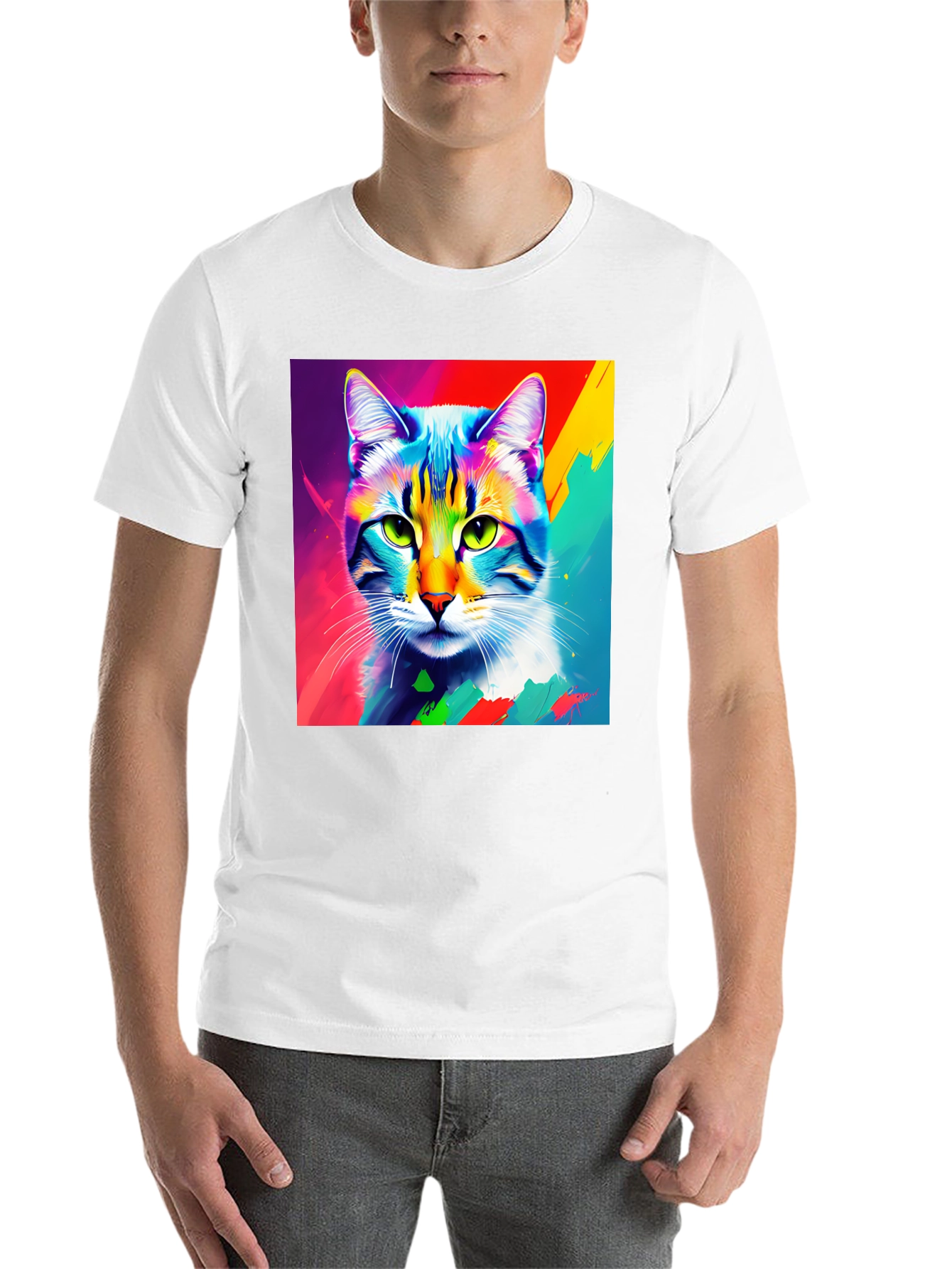 Black Vibrant Cat Portrait Graphic Tee - Stylish Crew Neck T-Shirt view 14