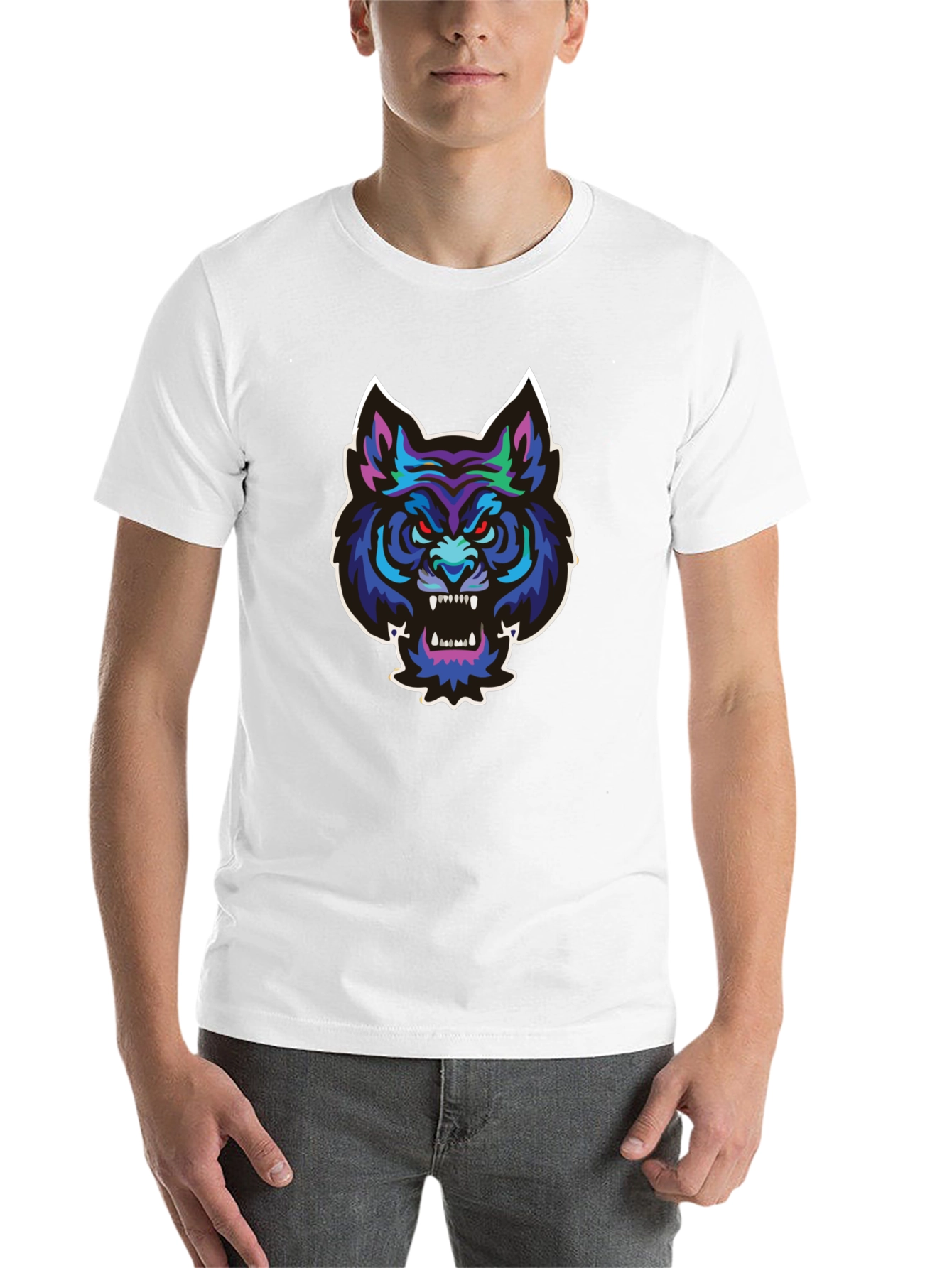 Black Men's Black T-Shirt with Wolf Graphic view 14