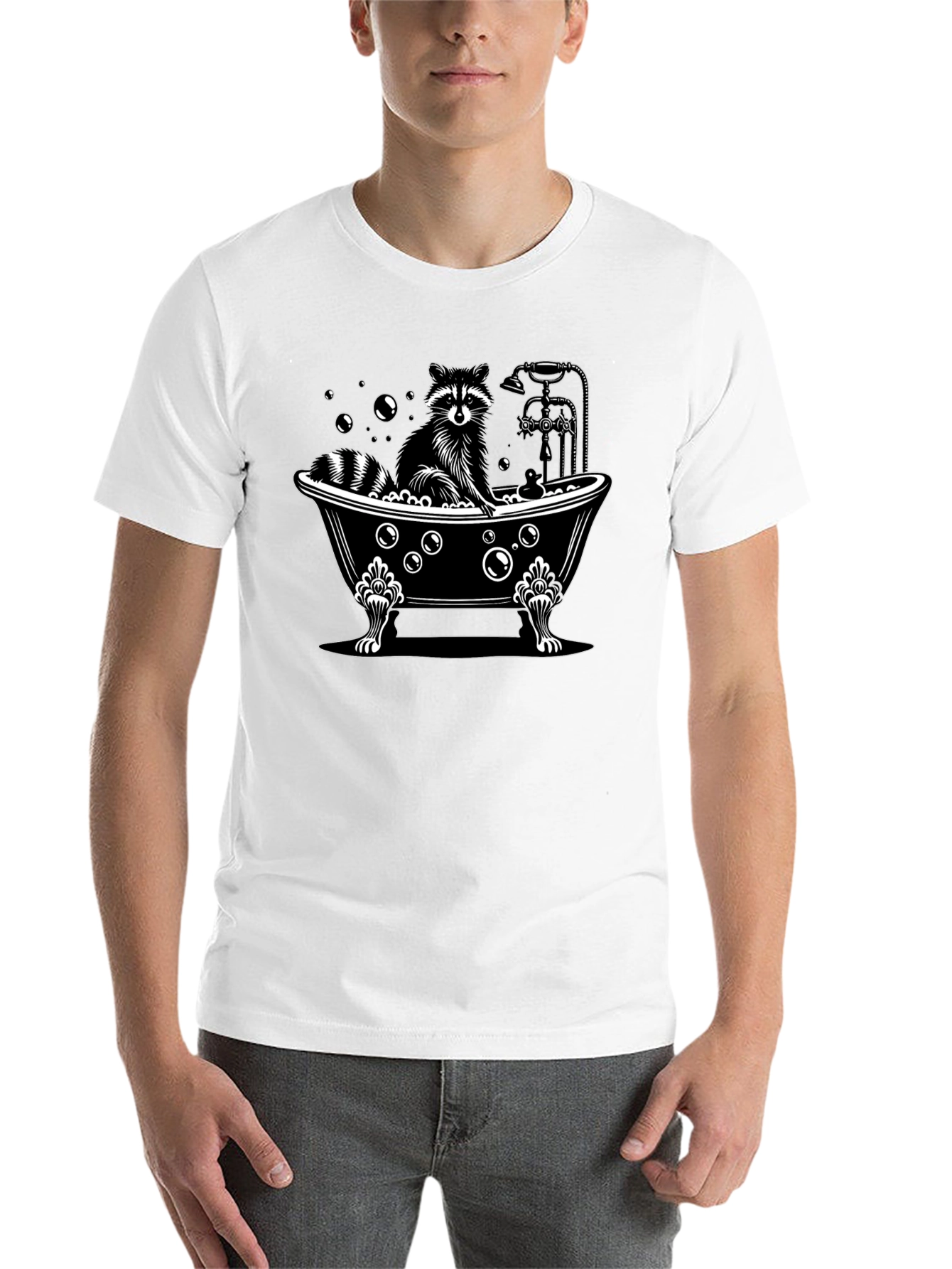 Black Raccoon Bathtub Graphic Tee - Unisex Black Cotton T-Shirt view 14