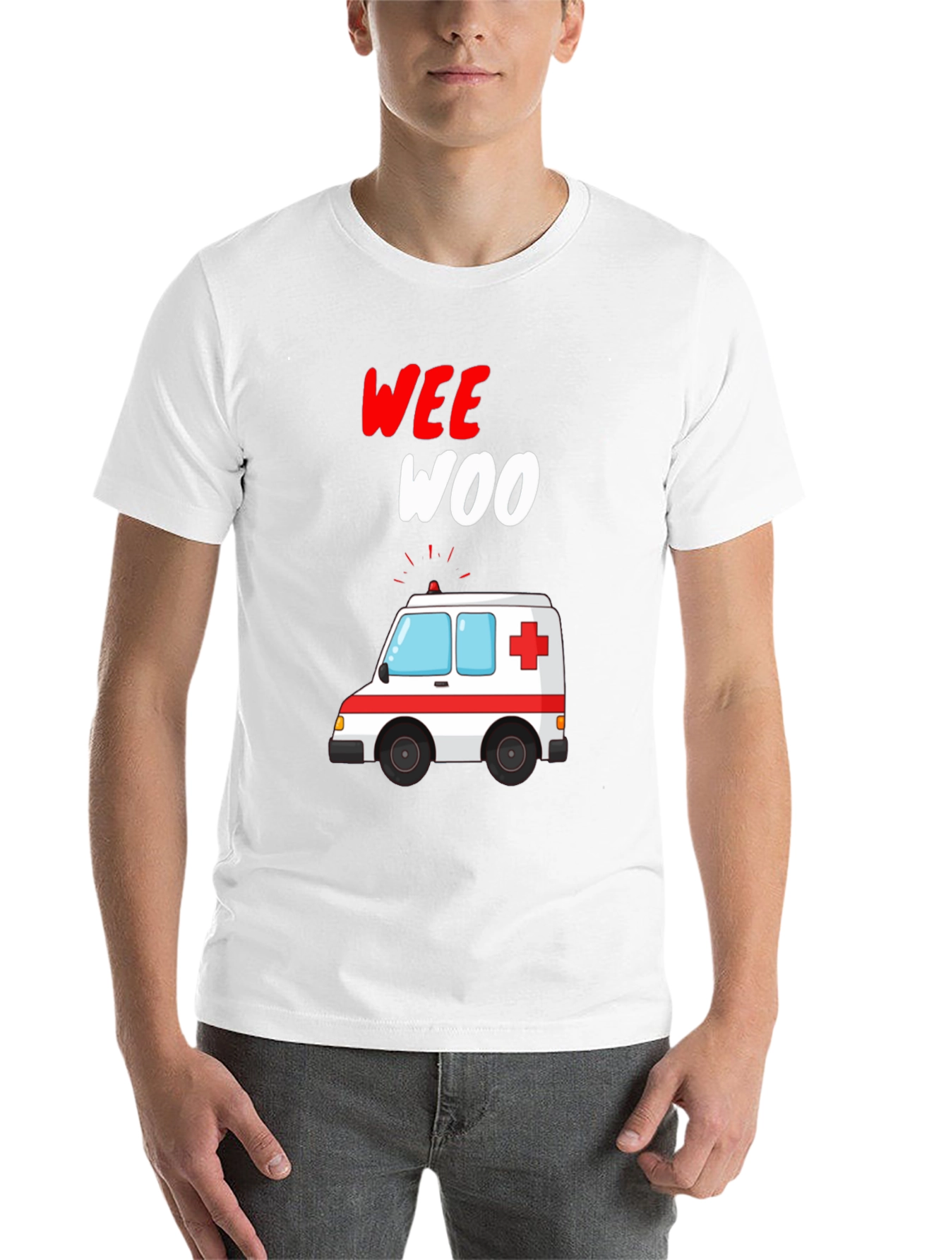 Wee Woo Ambulance Cartoon Black T-Shirt - 14