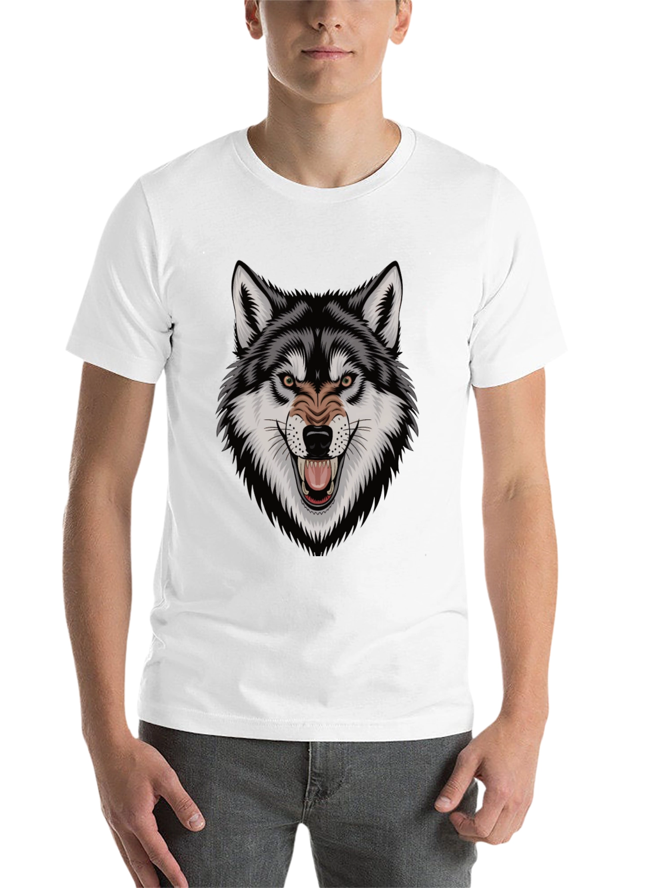 Black Men's Wolf Graphic Tee - Fierce Design, Black Cotton T-Shirt view 14