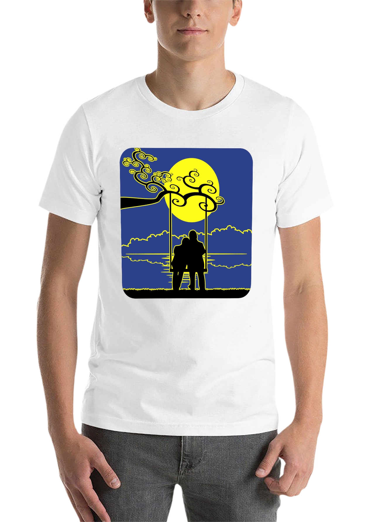 Black Romantic Silhouette Tee: Lovers on a Swing at Moonrise view 14