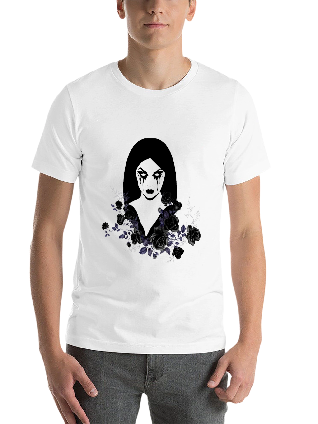 Black Gothic Woman & Roses Graphic Tee - Dark Aesthetic Shirt view 14