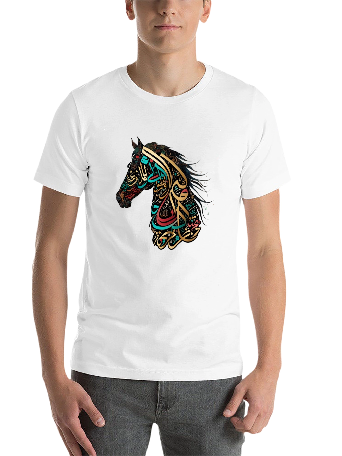 Black Arabic Calligraphy Horse Graphic Tee view 14