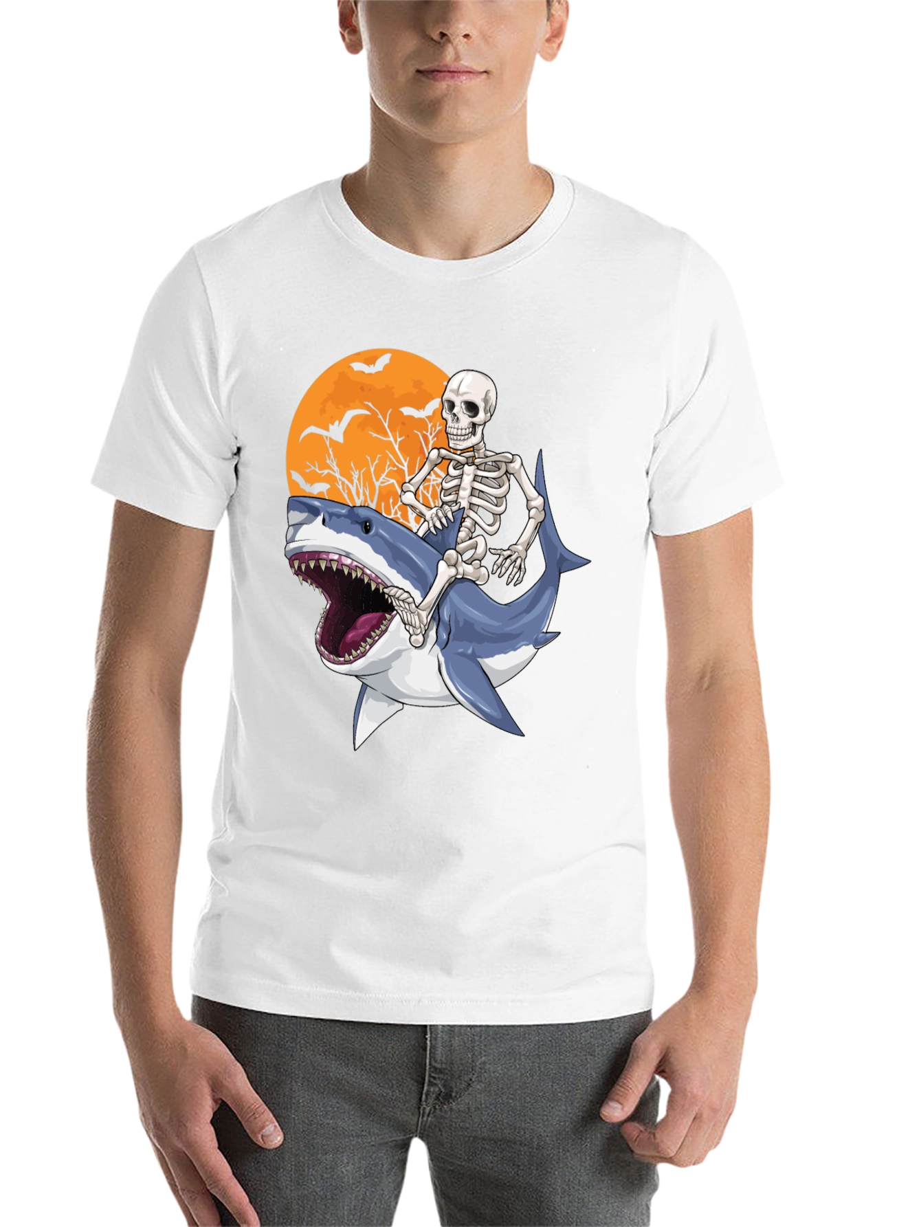 Black Skeleton Riding Shark Graphic T-Shirt - Halloween Style view 14
