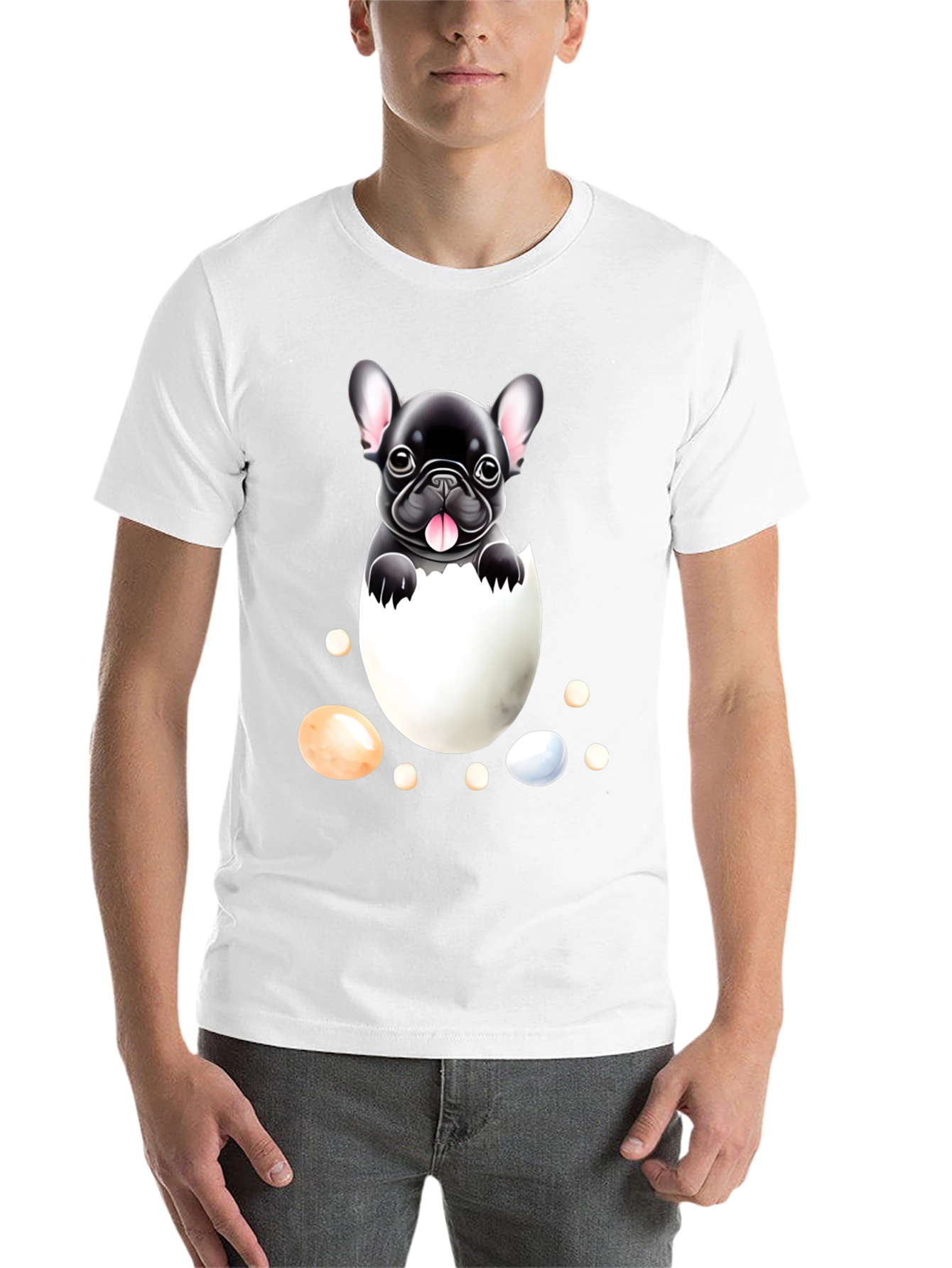 Black Bulldog Puppy in Egg Graphic Tee view 14
