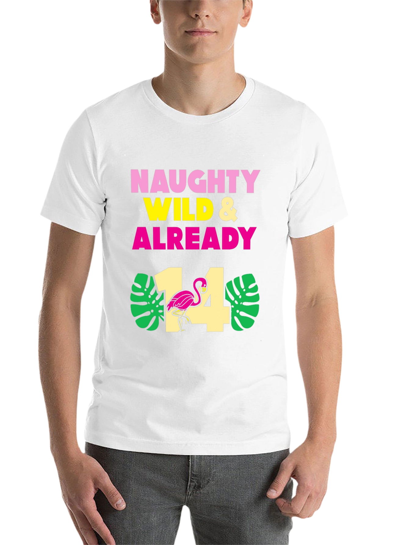 Black Naughty Wild & Already 14 Birthday Flamingo T-Shirt view 14