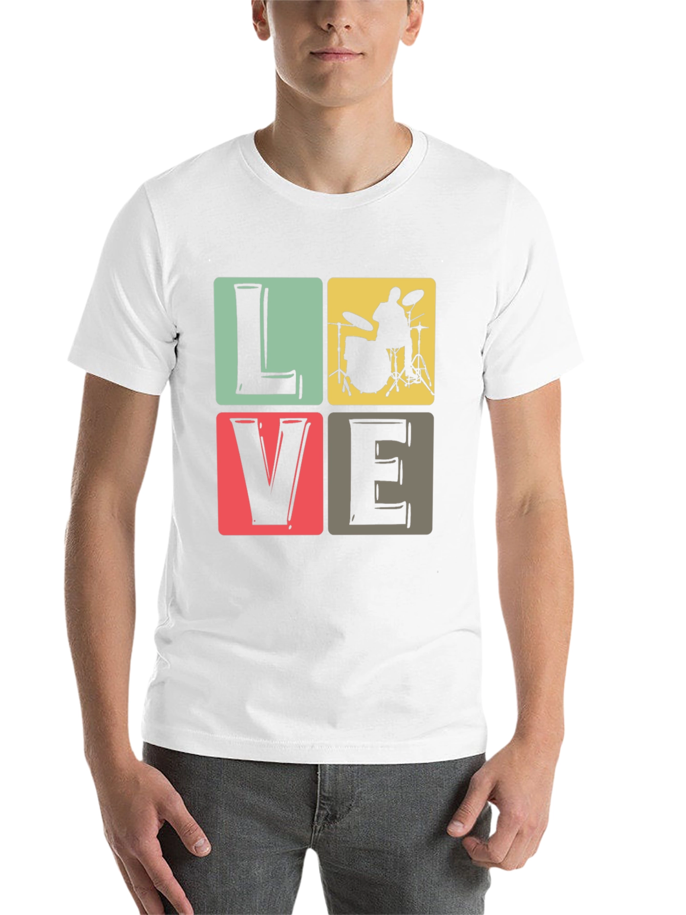 Black Love Music Drummer T-Shirt, Black Crew Neck view 14