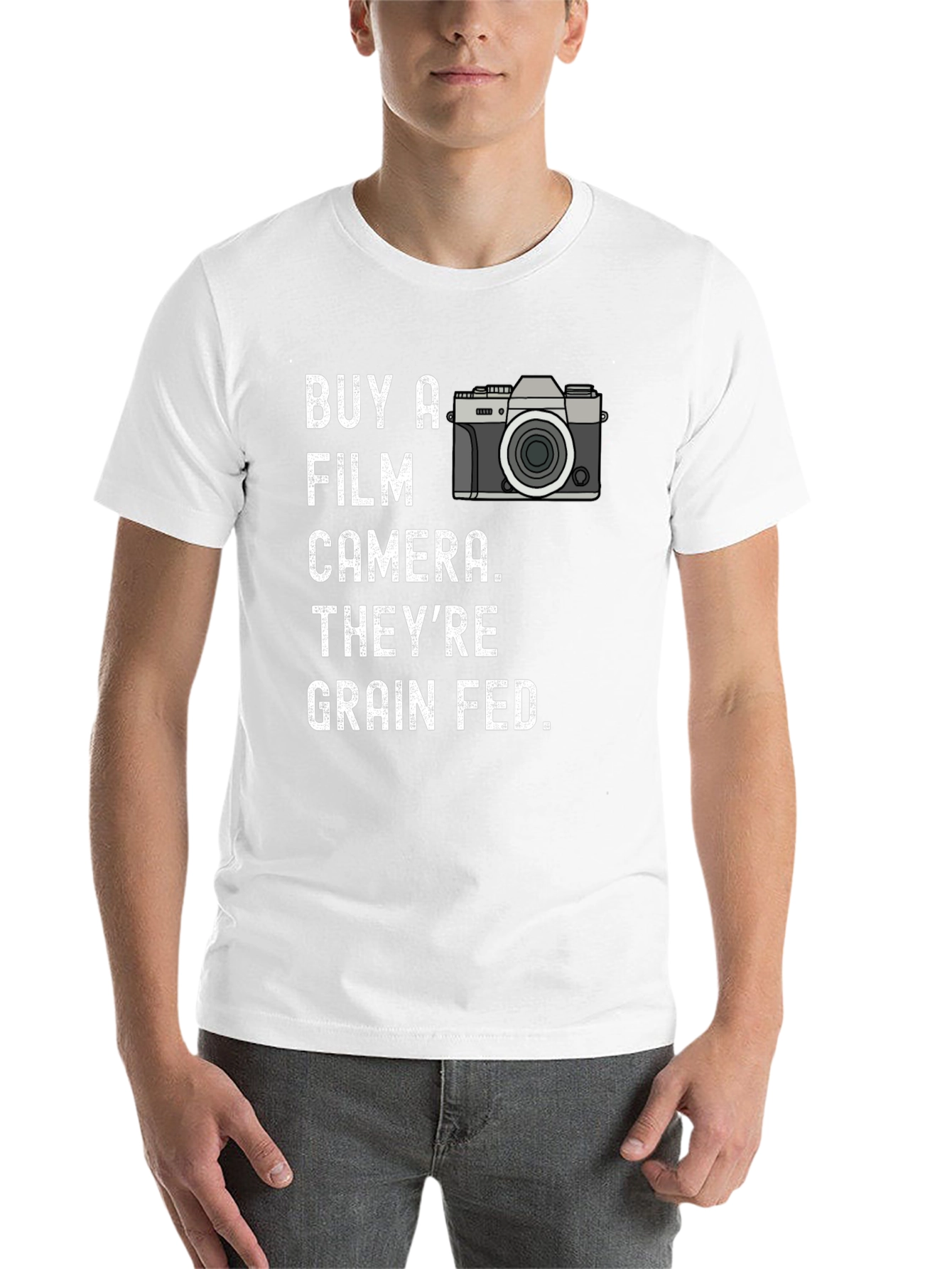 Black Buy a Film Camera T-Shirt - Grain Fed Humor Tee view 14