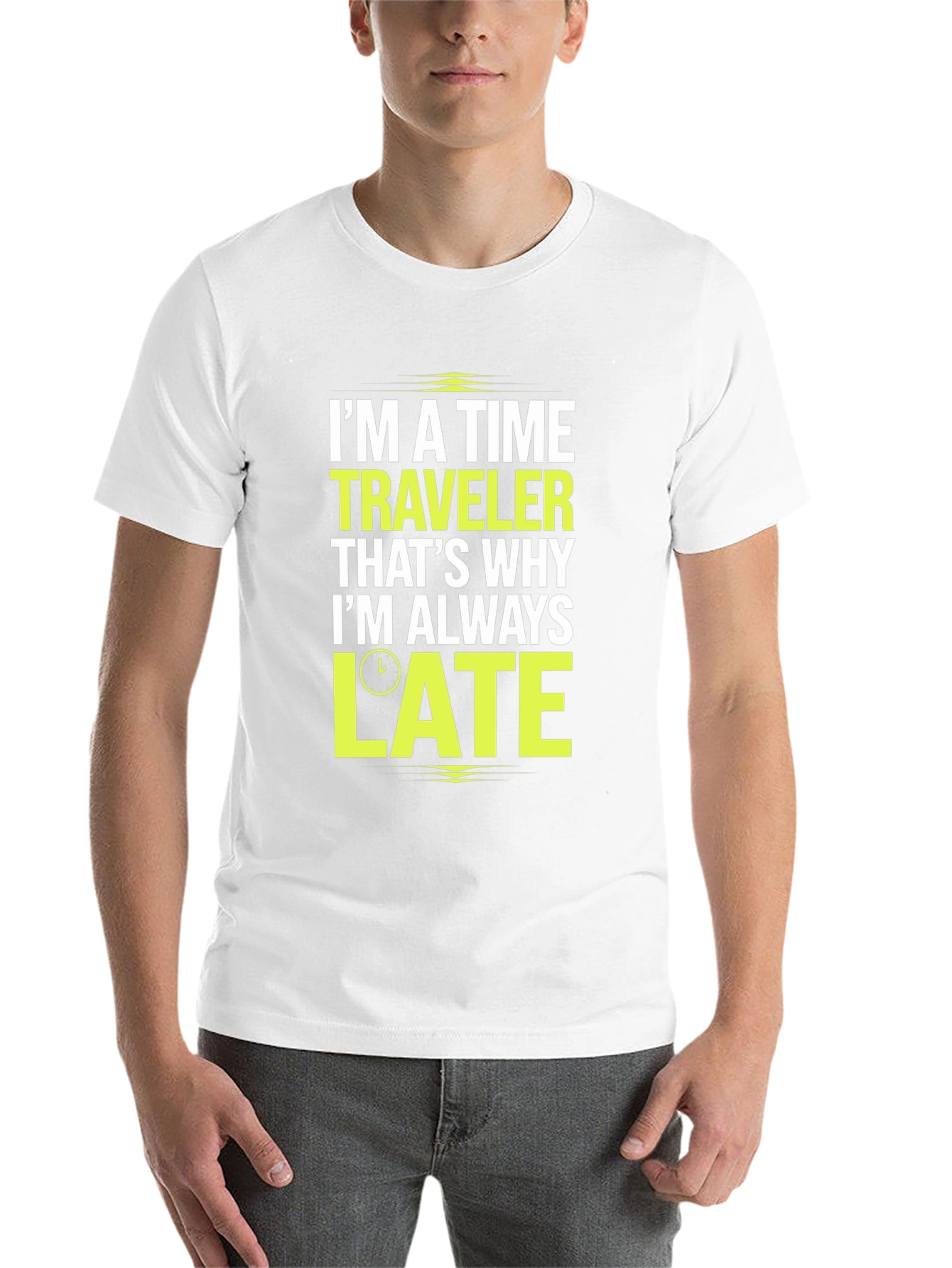 Black Time Traveler Late Men's T-Shirt Funny Tee view 14