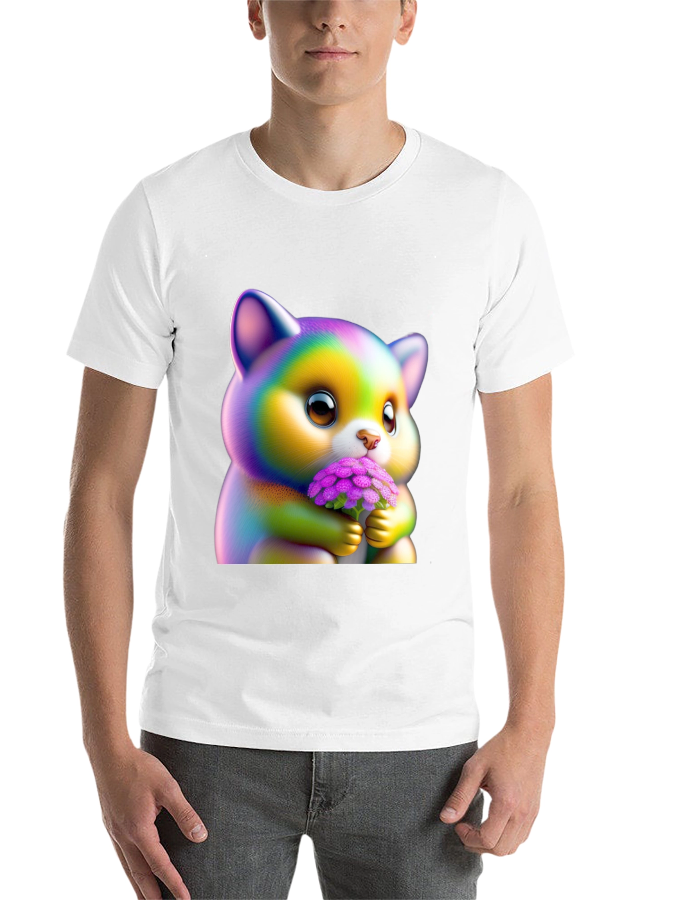Black Cute Rainbow Kitten Holding Flowers Graphic Tee view 14