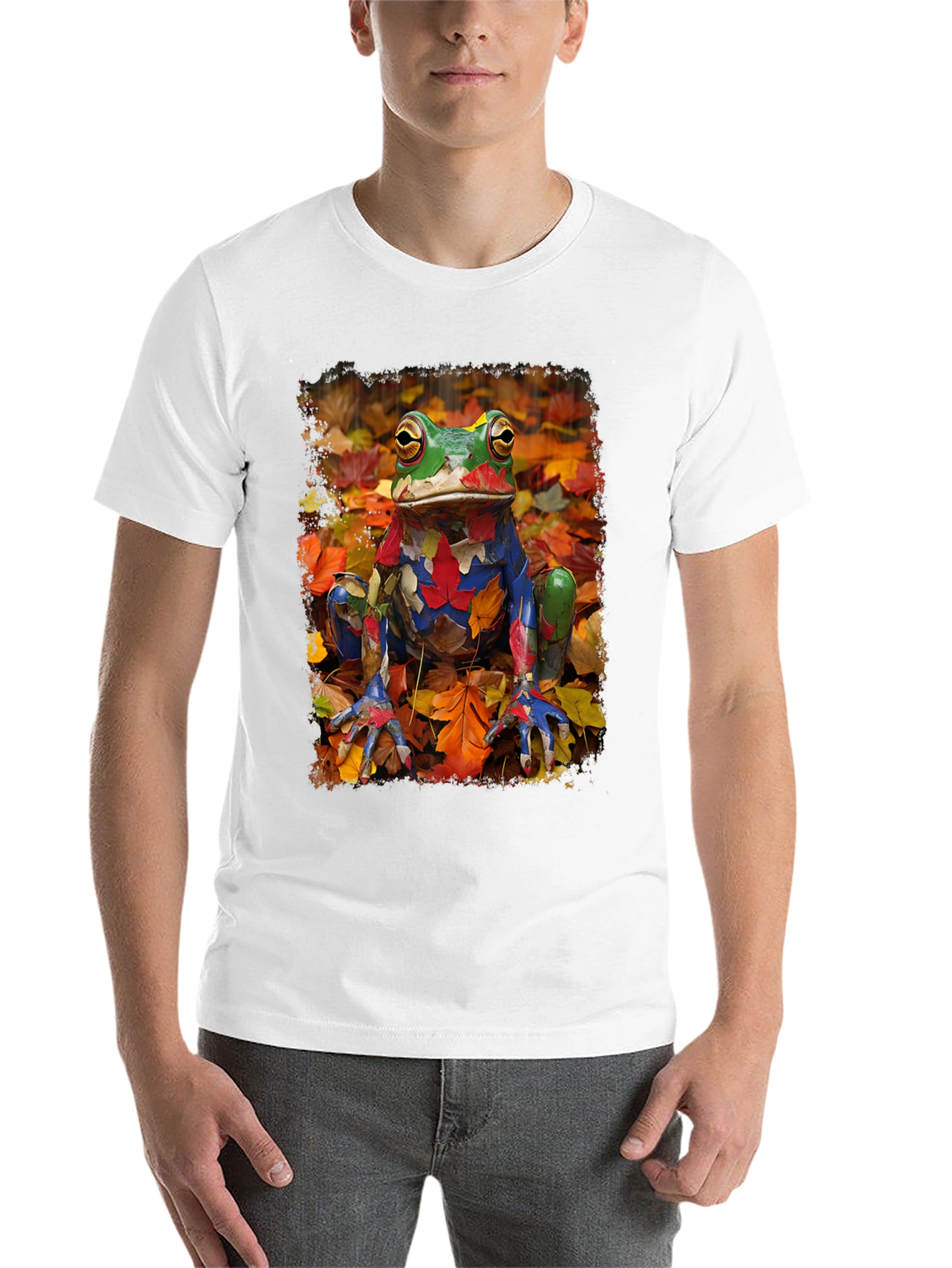 Black Frog in Fall Leaves Black T-Shirt view 14