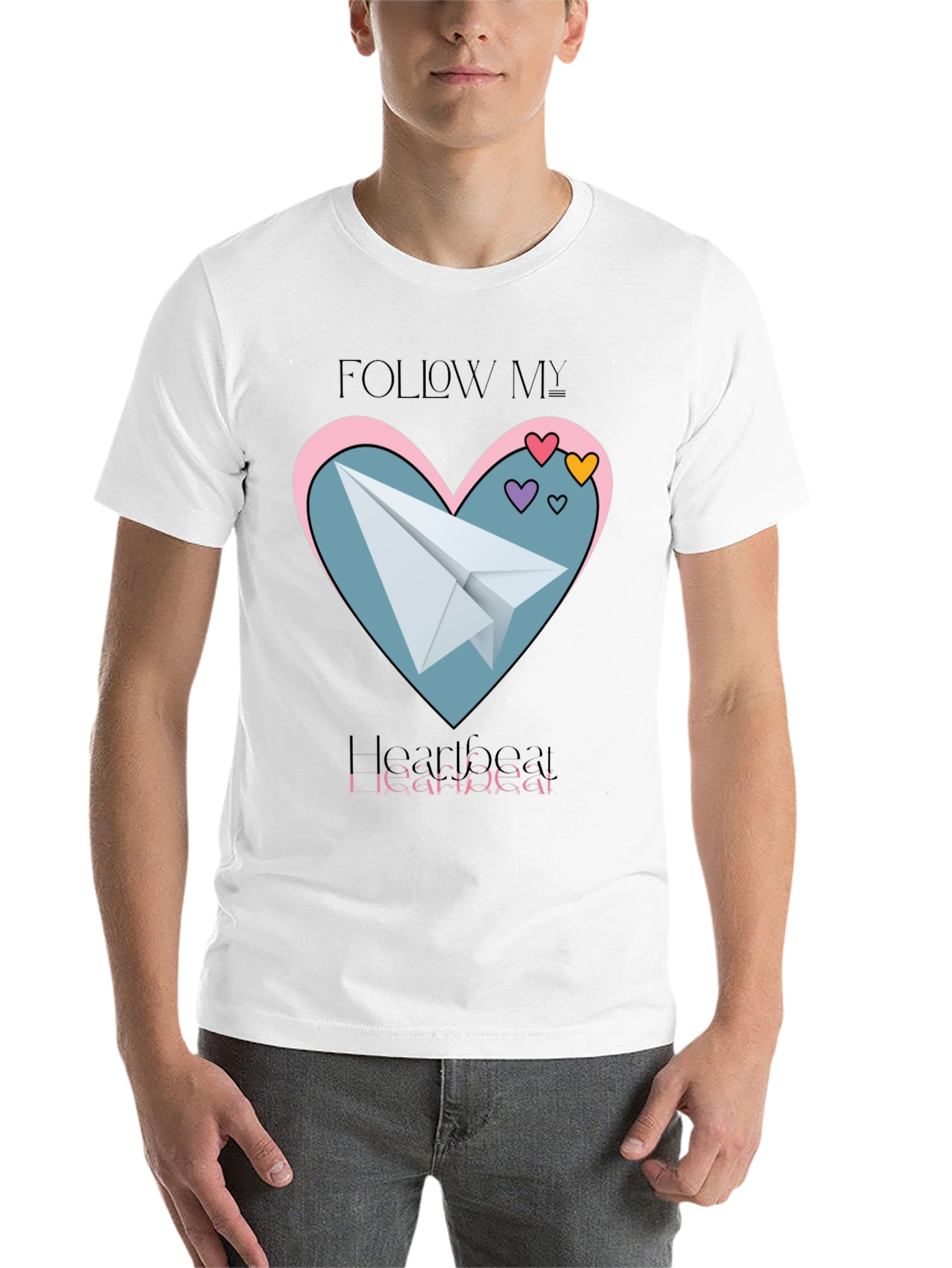 Black Follow My Heartbeat T-Shirt: Paper Airplane Love Design view 14