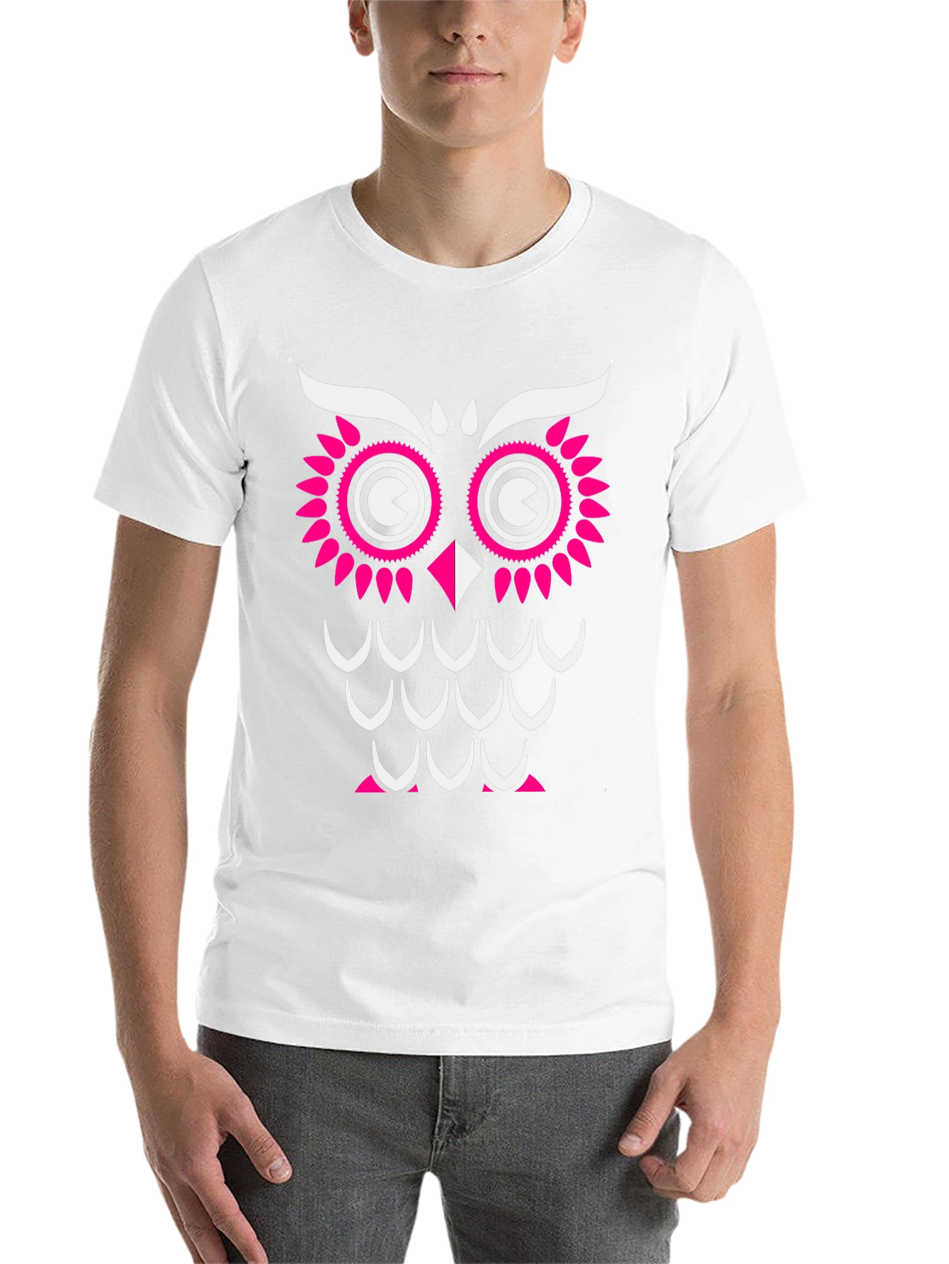 Black Owl Graphic Print T-Shirt - Black with Pink & White Design view 14