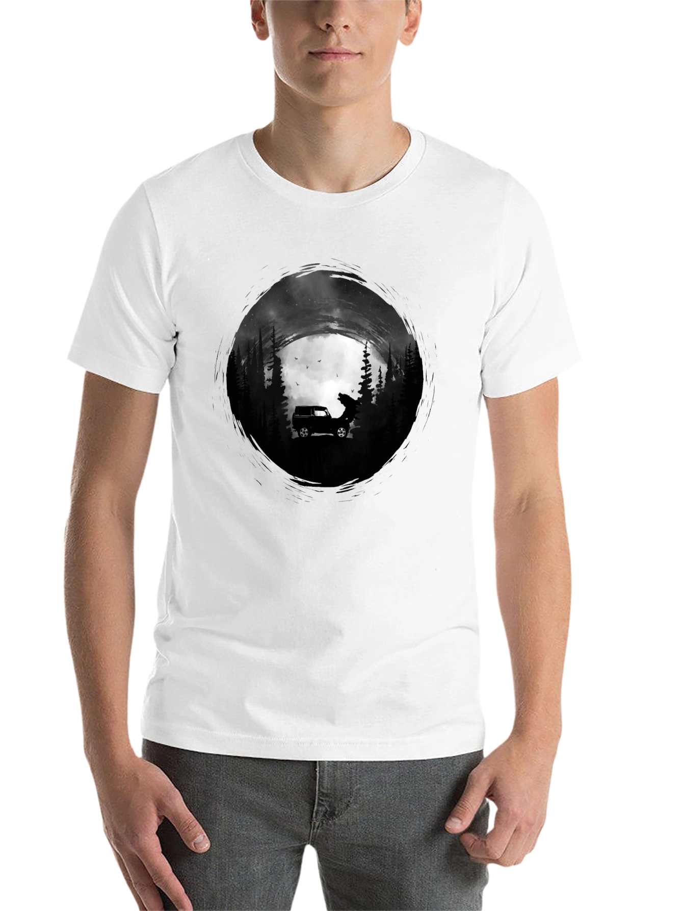 Black Men's Black T-Shirt with Car and Wolf Design view 14