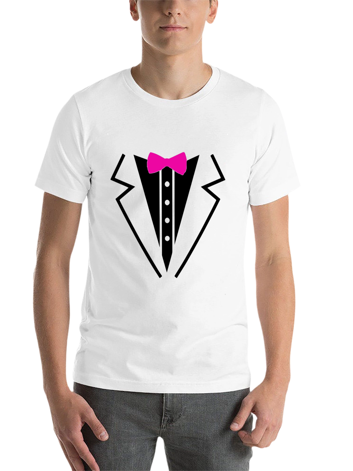 Black Tuxedo T-Shirt with Pink Bow Tie - Fun Formal Wear view 14