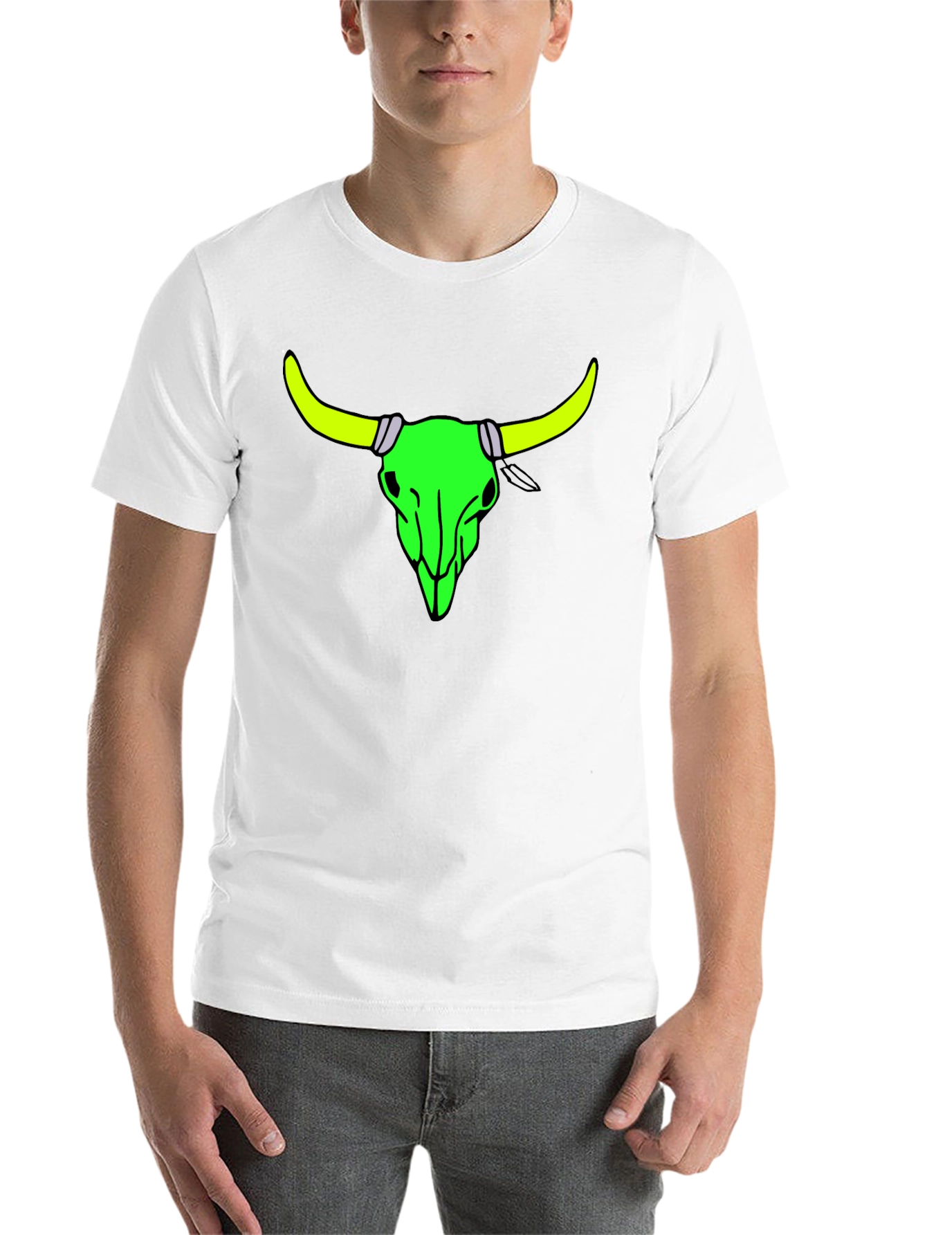 Black Neon Bull Skull Graphic Tee - Bold Black Cotton Shirt view 14