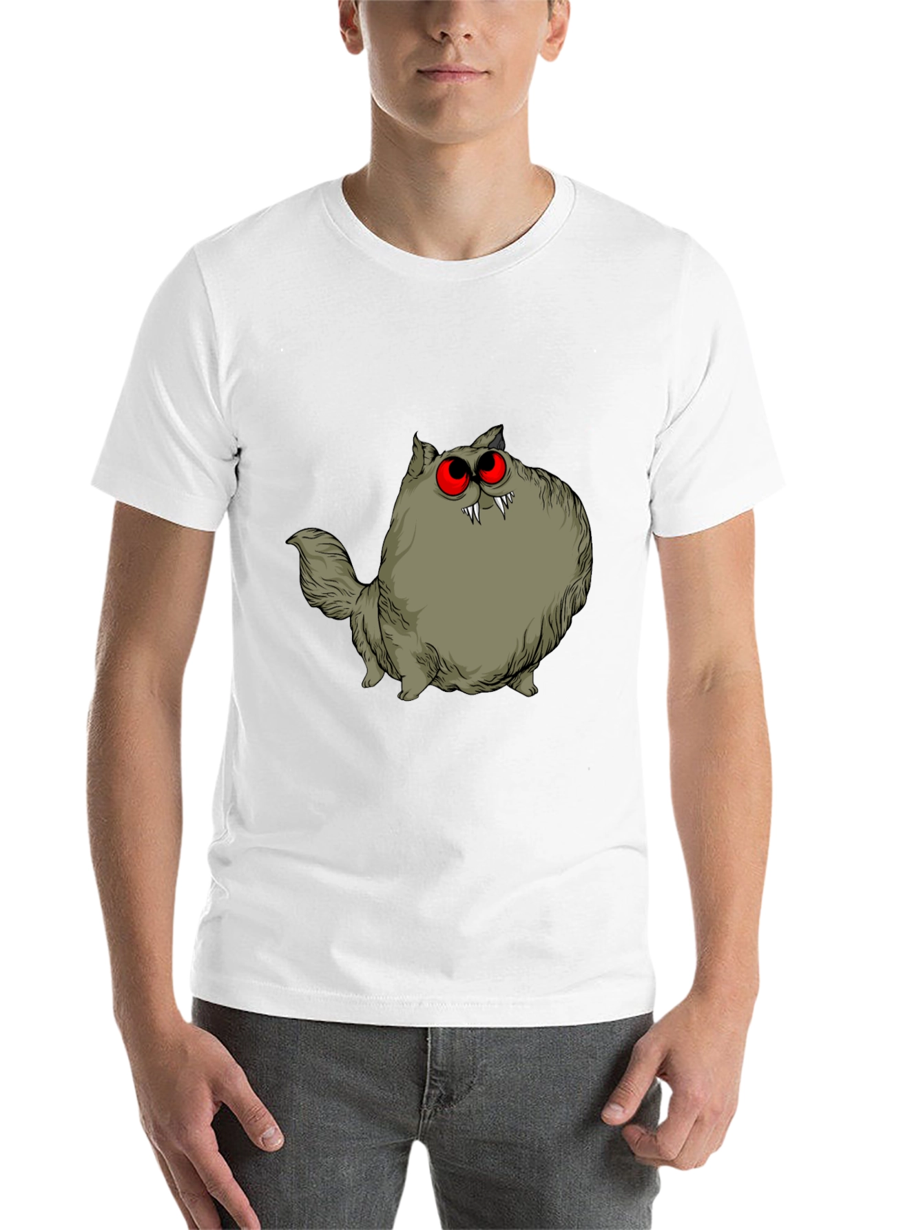 Black Creepy Cat Graphic Tee - Red Eyes, Fangs, Unique view 14